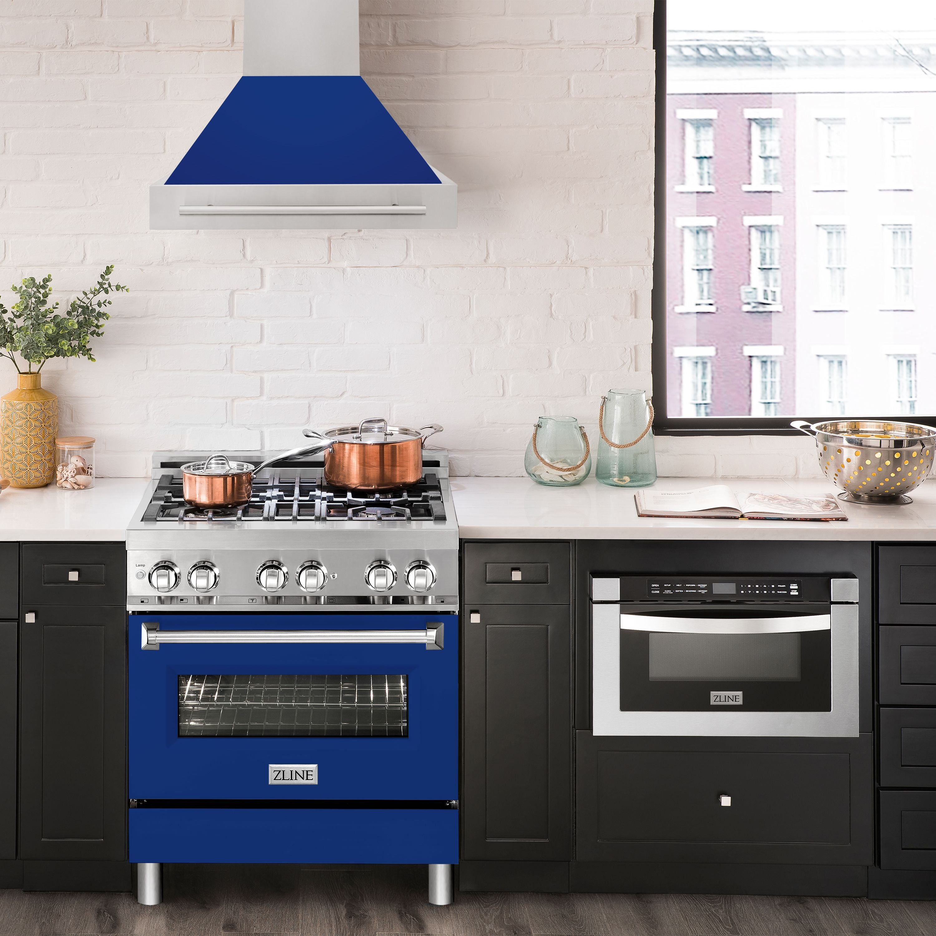 ZLINE 30 Inch Wall Mount Range Hood Stainless Steel Blue Gloss Shell 4-Speed Fan LED Lighting (8654STX-BG-30)