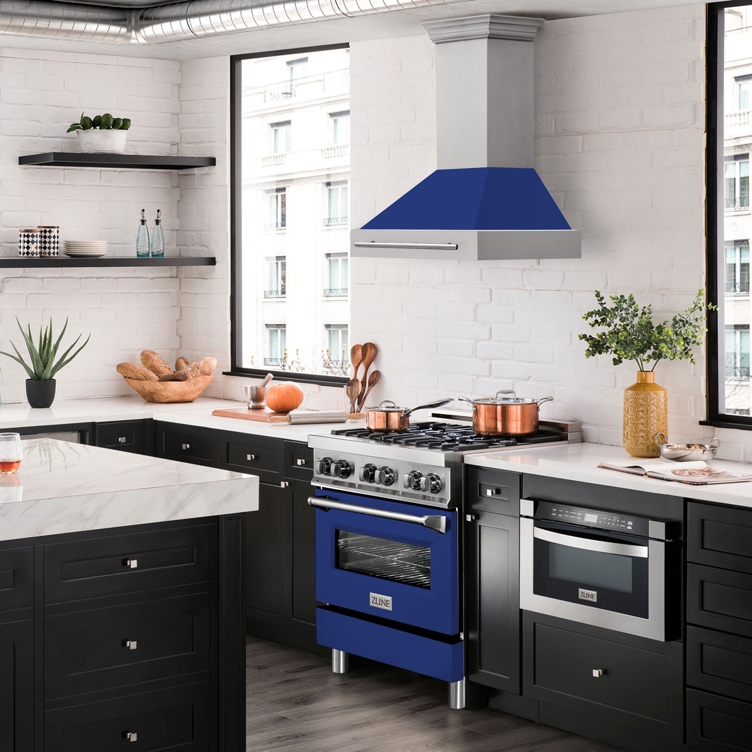 ZLINE 30 Inch Wall Mount Range Hood Stainless Steel Blue Gloss Shell 4-Speed Fan LED Lighting (8654STX-BG-30)