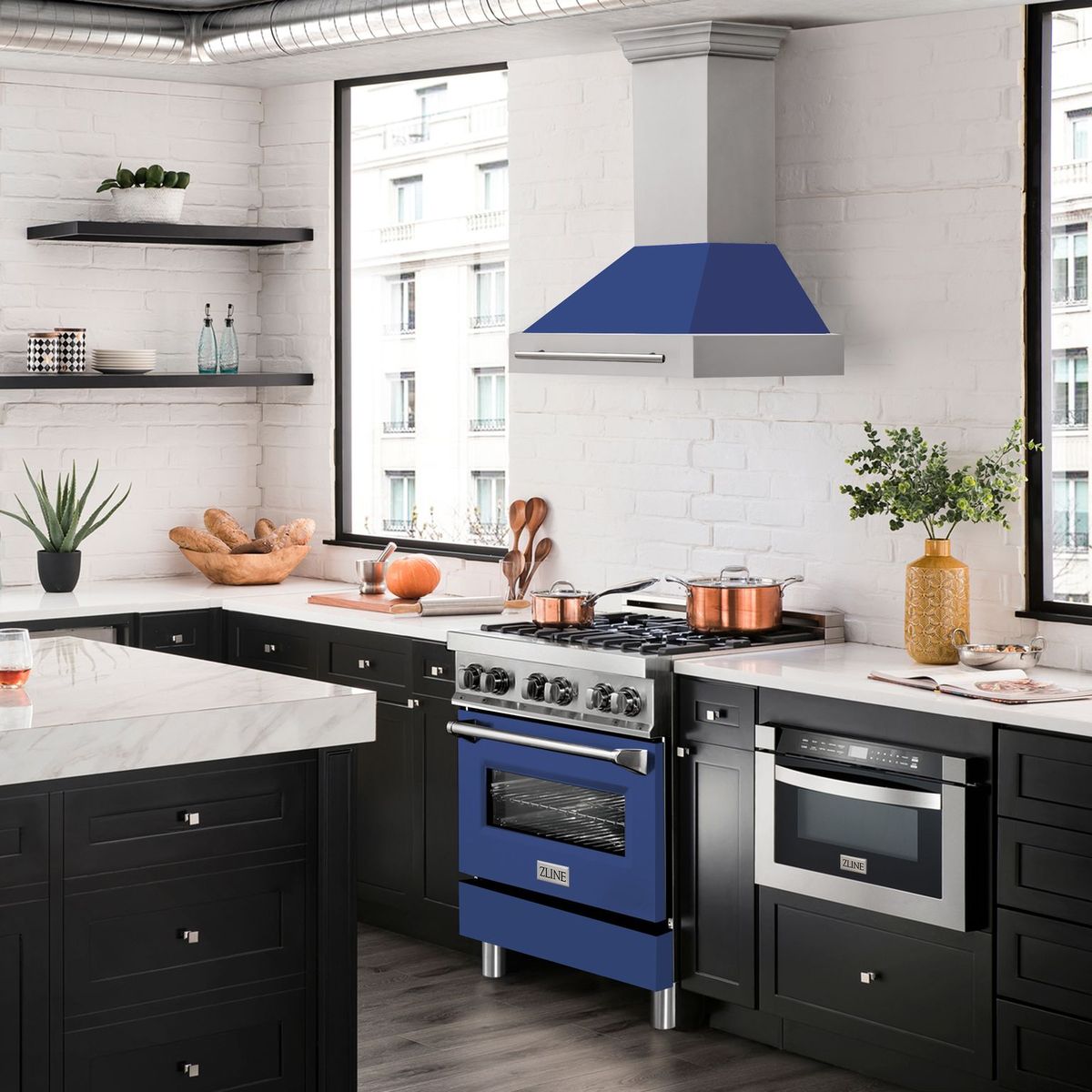 ZLINE 30 Inch Wall Mount Range Hood 4-Speed 400 CFM Stainless Steel Blue Matte Shell LED Lighting (8654STX-BM-30)ZLINE 30 Inch Wall Mount Range Hood 4-Speed 400 CFM Stainless Steel Blue Matte Shell LED Lighting (8654STX-BM-30)