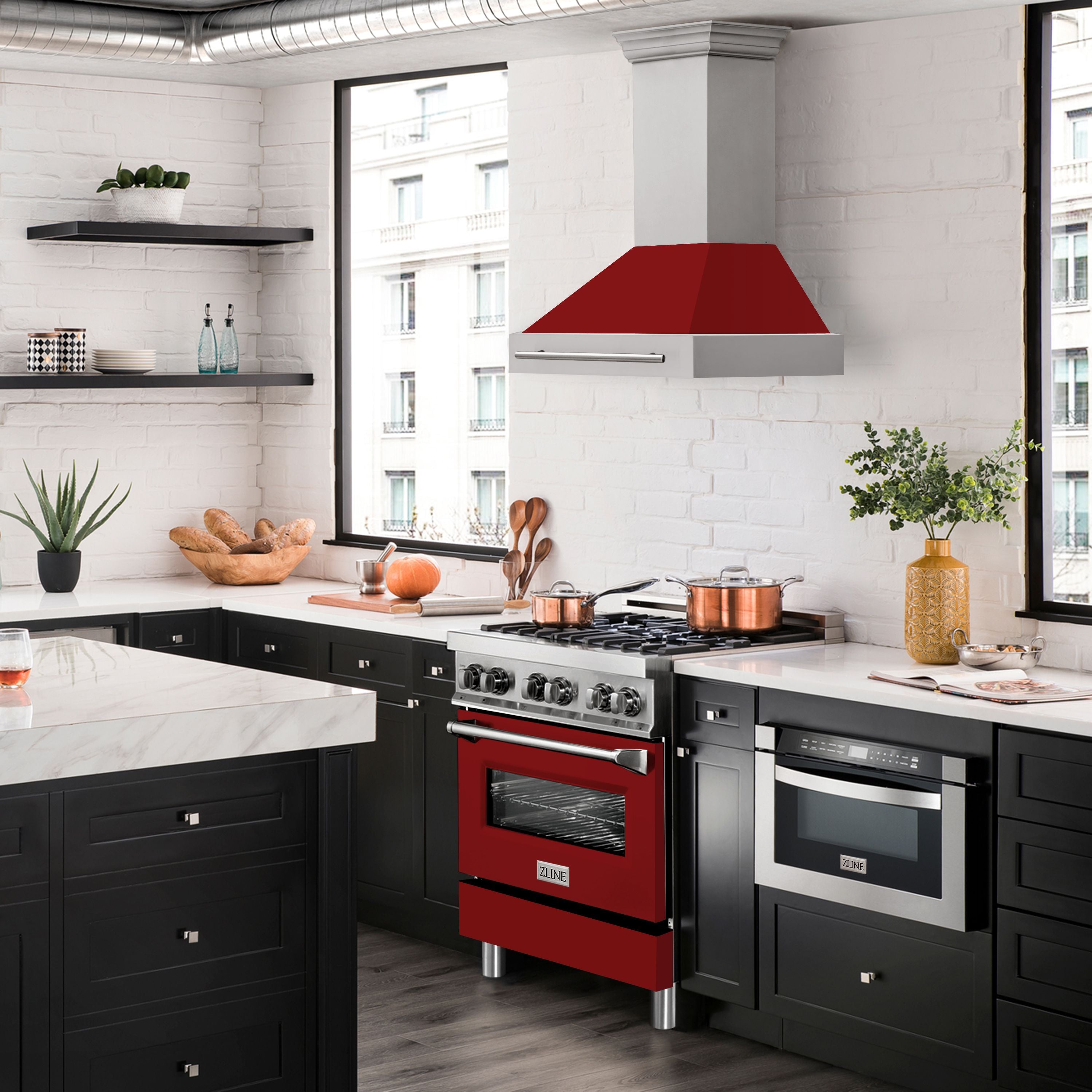 ZLINE 30 Inch Wall Mount Range Hood Stainless Steel Red Gloss Shell 4-Speed Fan LED Lighting (8654STX-RG-30)