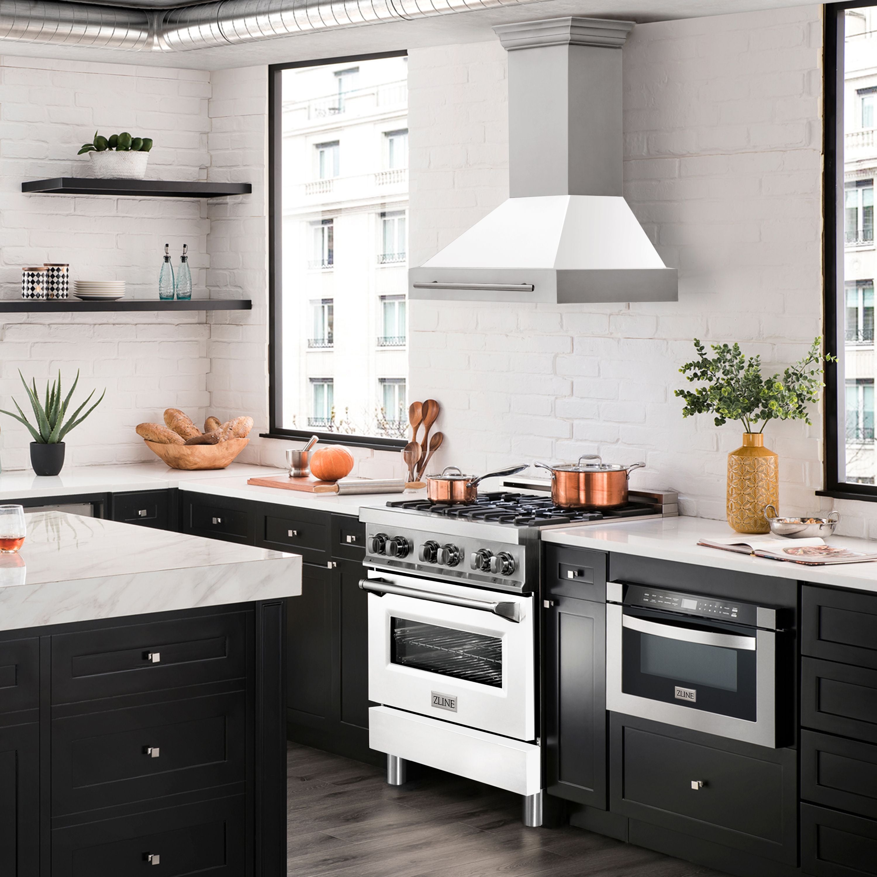 ZLINE 30 Inch Wall Mount Range Hood Stainless Steel White Matte Shell 4-Speed Ventilation (8654STX-WM-30)