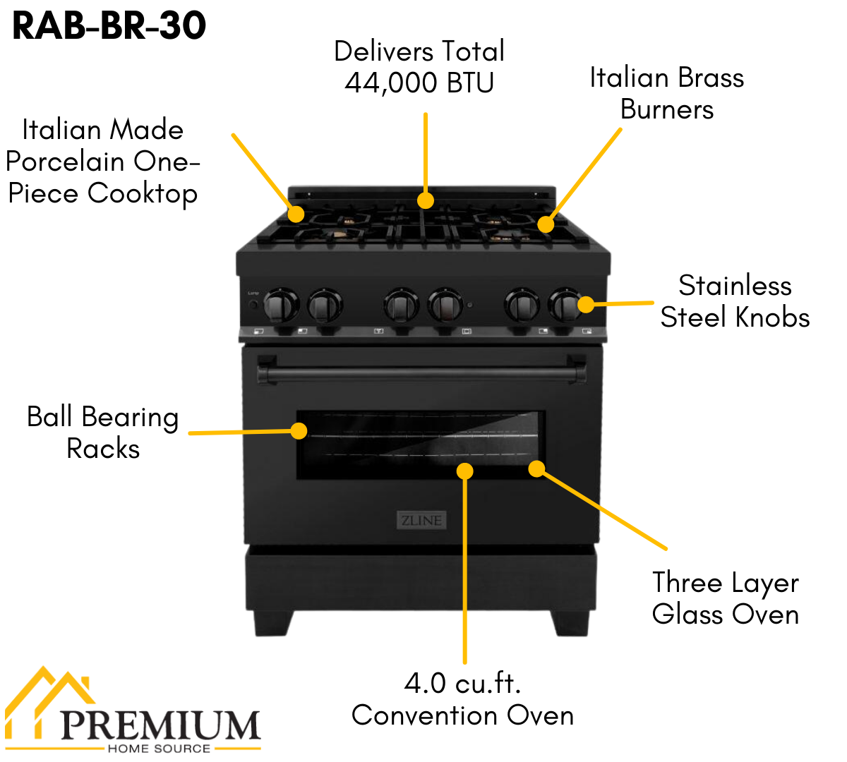 ZLINE Appliance Package - 30 in. Dual Fuel Range, Range Hood, Microwave Drawer, Refrigerator in Black Stainless, 4KPR-RABRH30-MW