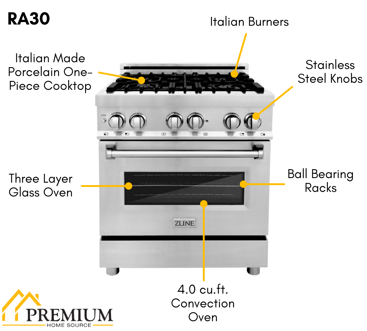 ZLINE Kitchen and Bath 30-Inch Professional Dual Fuel Range with Gas Cooktop and Electric Oven in Stainless Steel (RA30)