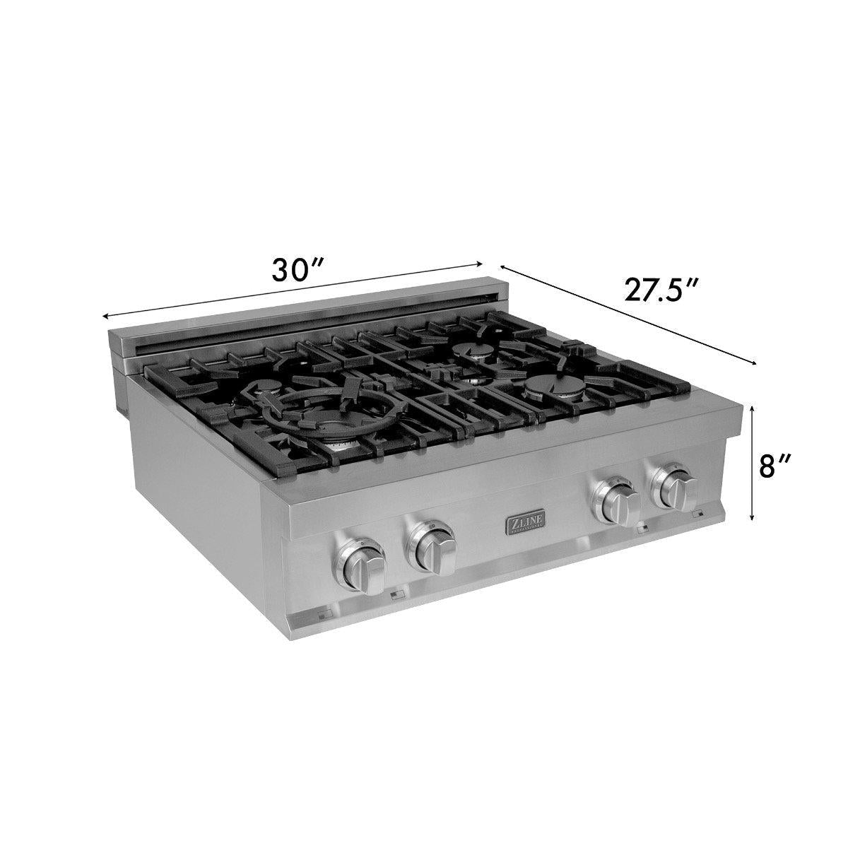ZLINE 5-Piece Appliance Package - 30 In. Gas Rangetop, Range Hood, Refrigerator, Dishwasher and Wall Oven in Stainless Steel, 5KPR-RTRH30-AWSDWV