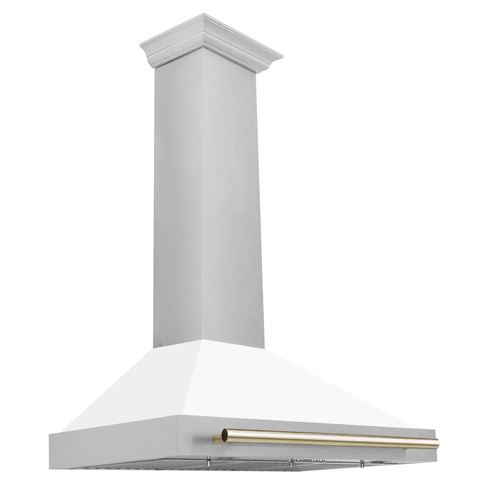 ZLINE 36 in. Wall Mount Range Hood Convertible Satin Stainless Steel White Matte Shell Polished Gold Handle KB4SNZ-WM36-G