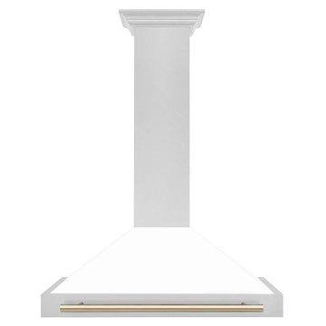 ZLINE 36 in. Wall Mount Range Hood Convertible Satin Stainless Steel White Matte Shell Polished Gold Handle KB4SNZ-WM36-G