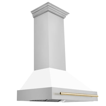 ZLINE 36 in. Wall Mount Range Hood White Matte Shell Polished Gold Handle 8654STZ-WM36-G