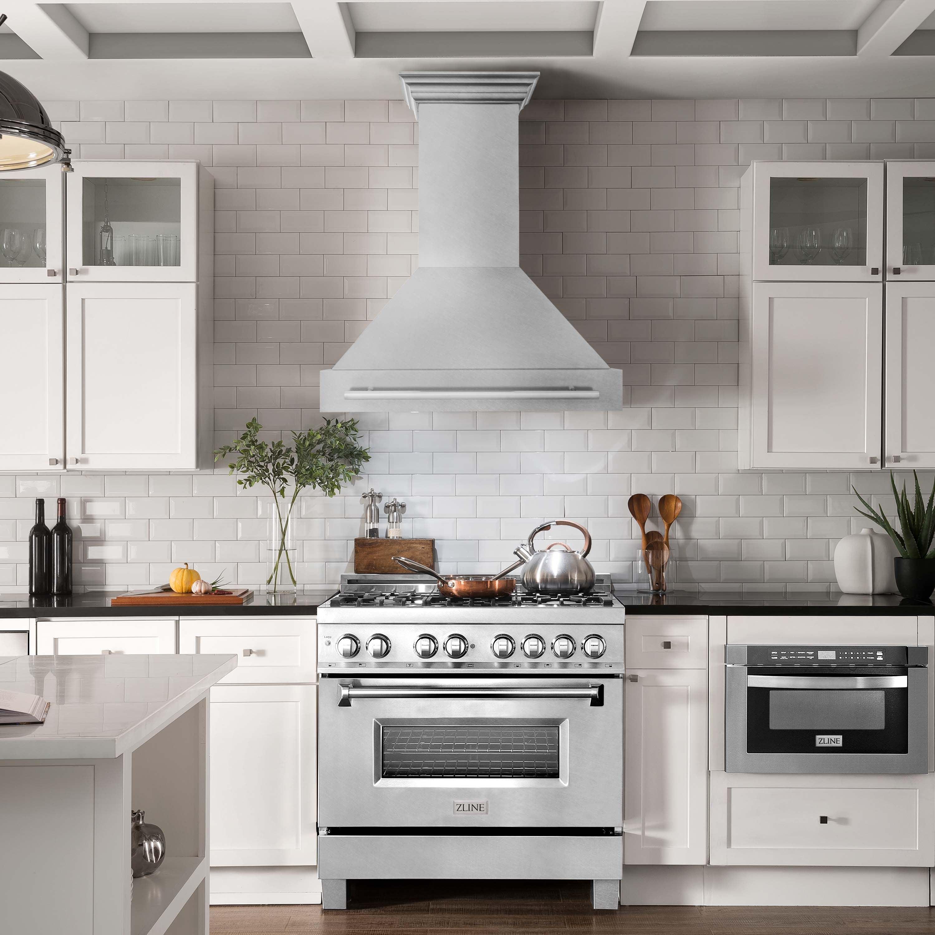 ZLINE 36 in. Wall Mount Range Hood Satin Stainless Steel 400 CFM Stainless Steel Handle (8654SNX-36)