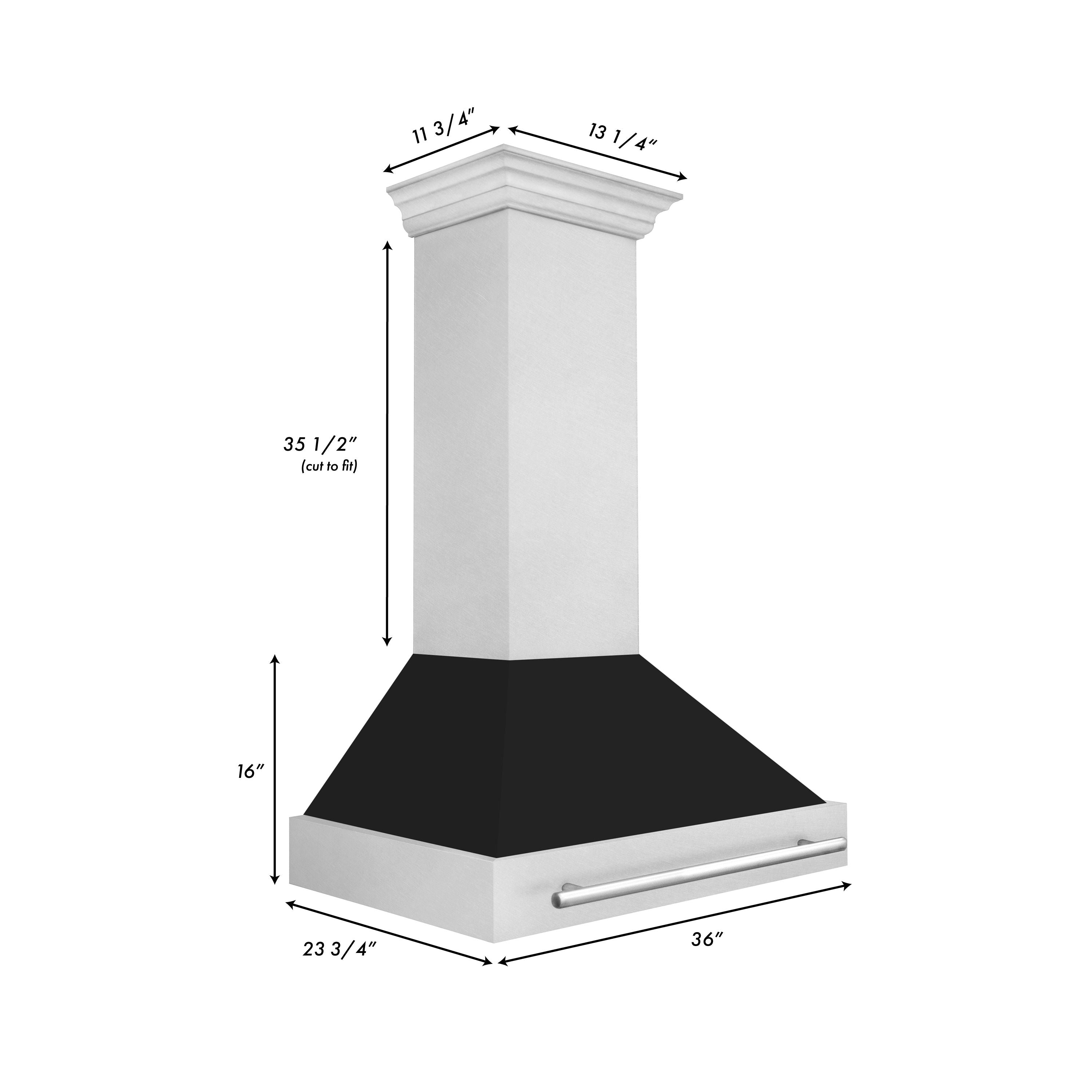 ZLINE 36 in. Wall Mount Range Hood Satin Stainless Steel Black Matte Shell 700 CFM Stainless Steel Handle (8654SNX-BLM-36)
