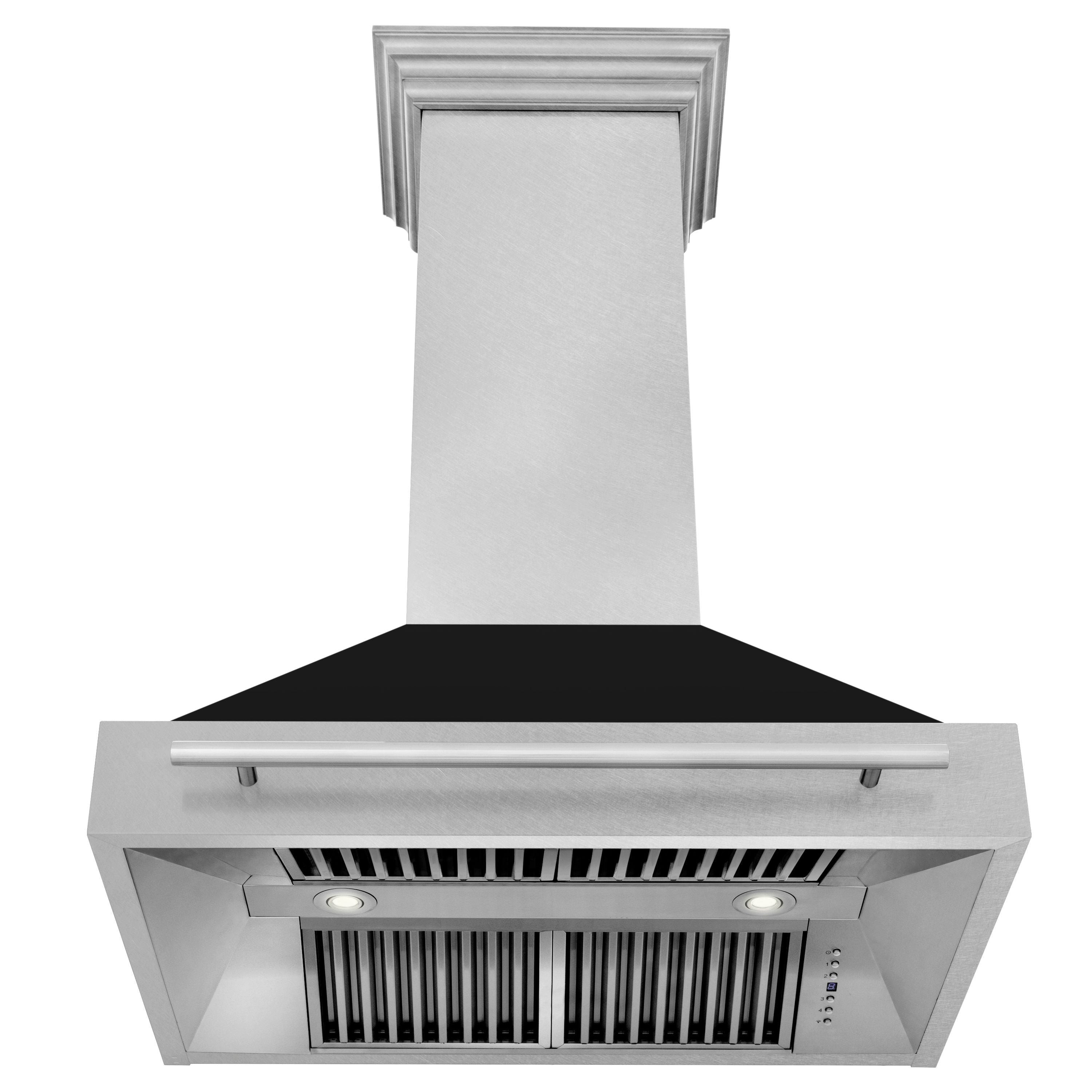 ZLINE 36 in. Wall Mount Range Hood Satin Stainless Steel Black Matte Shell 700 CFM Stainless Steel Handle (8654SNX-BLM-36)