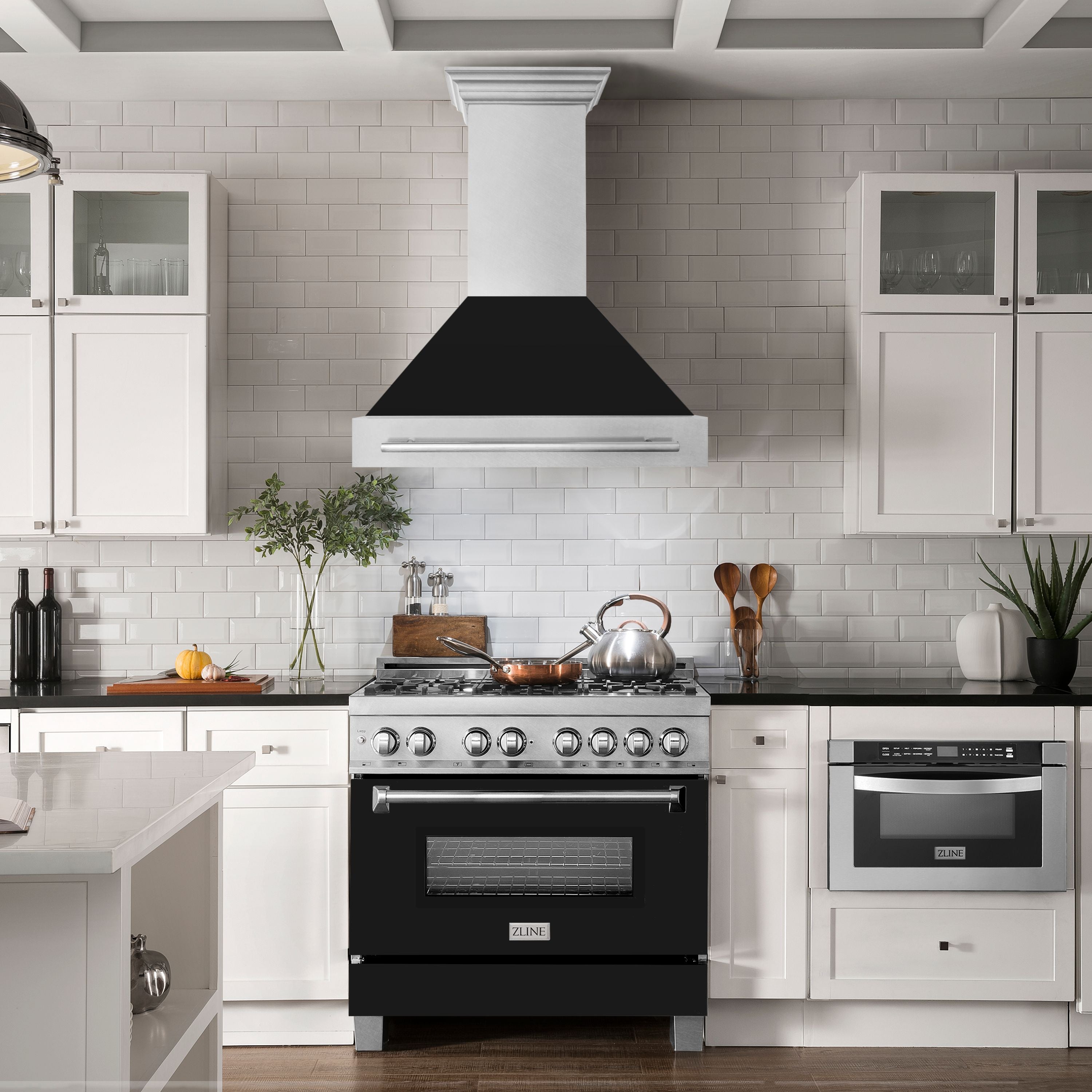 ZLINE 36 in. Wall Mount Range Hood Satin Stainless Steel Black Matte Shell 700 CFM Stainless Steel Handle (8654SNX-BLM-36)