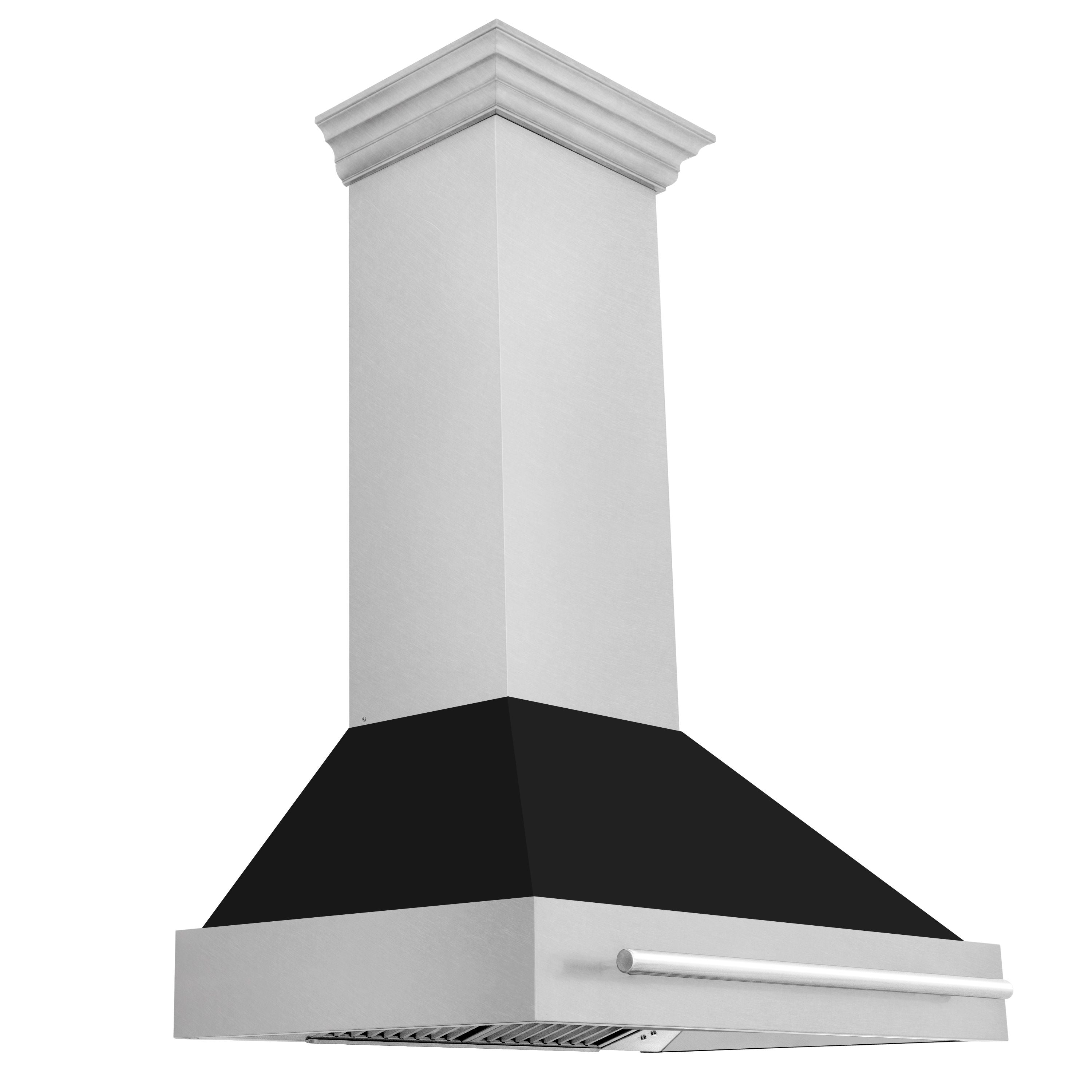 ZLINE 36 in. Wall Mount Range Hood Satin Stainless Steel Black Matte Shell 700 CFM Stainless Steel Handle (8654SNX-BLM-36)