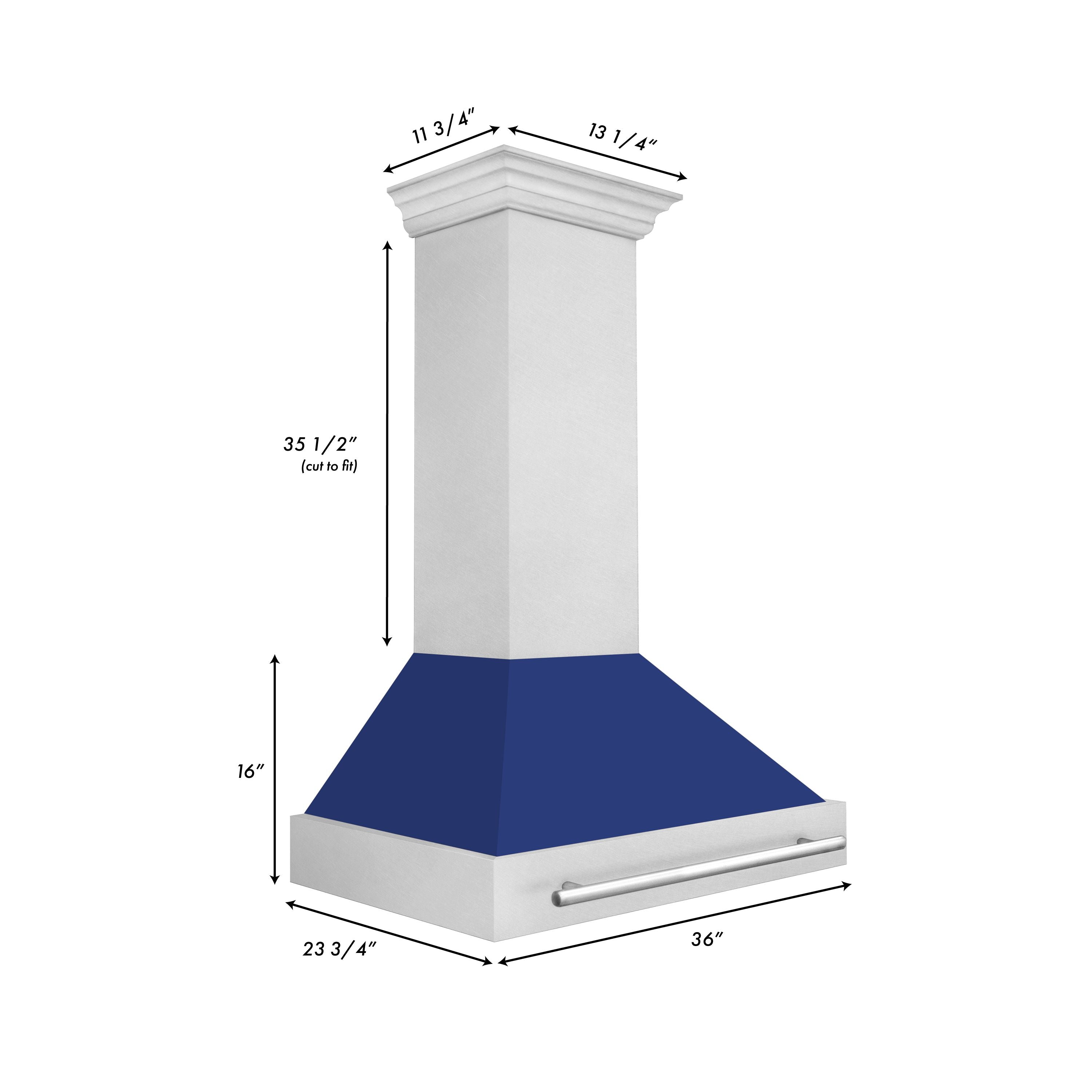 ZLINE 36 in. Wall Mount Range Hood Satin Stainless Steel Blue Gloss Shell 700 CFM 4-Speed Fan LED Lighting (8654SNX-BG-36)