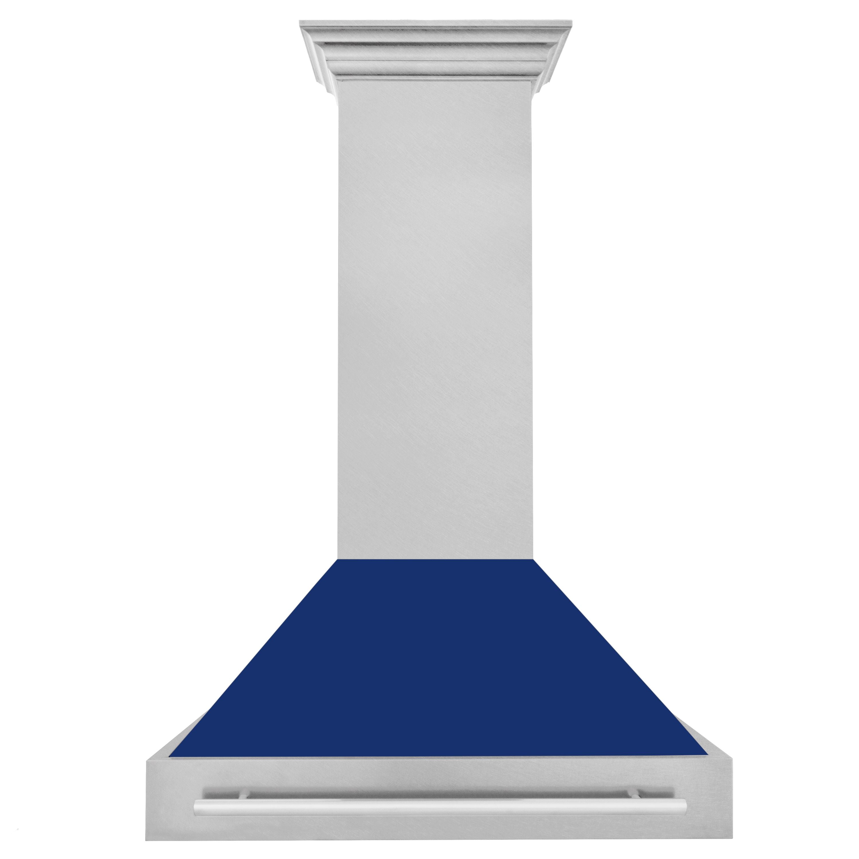 ZLINE 36 in. Wall Mount Range Hood Satin Stainless Steel Blue Gloss Shell 700 CFM 4-Speed Fan LED Lighting (8654SNX-BG-36)