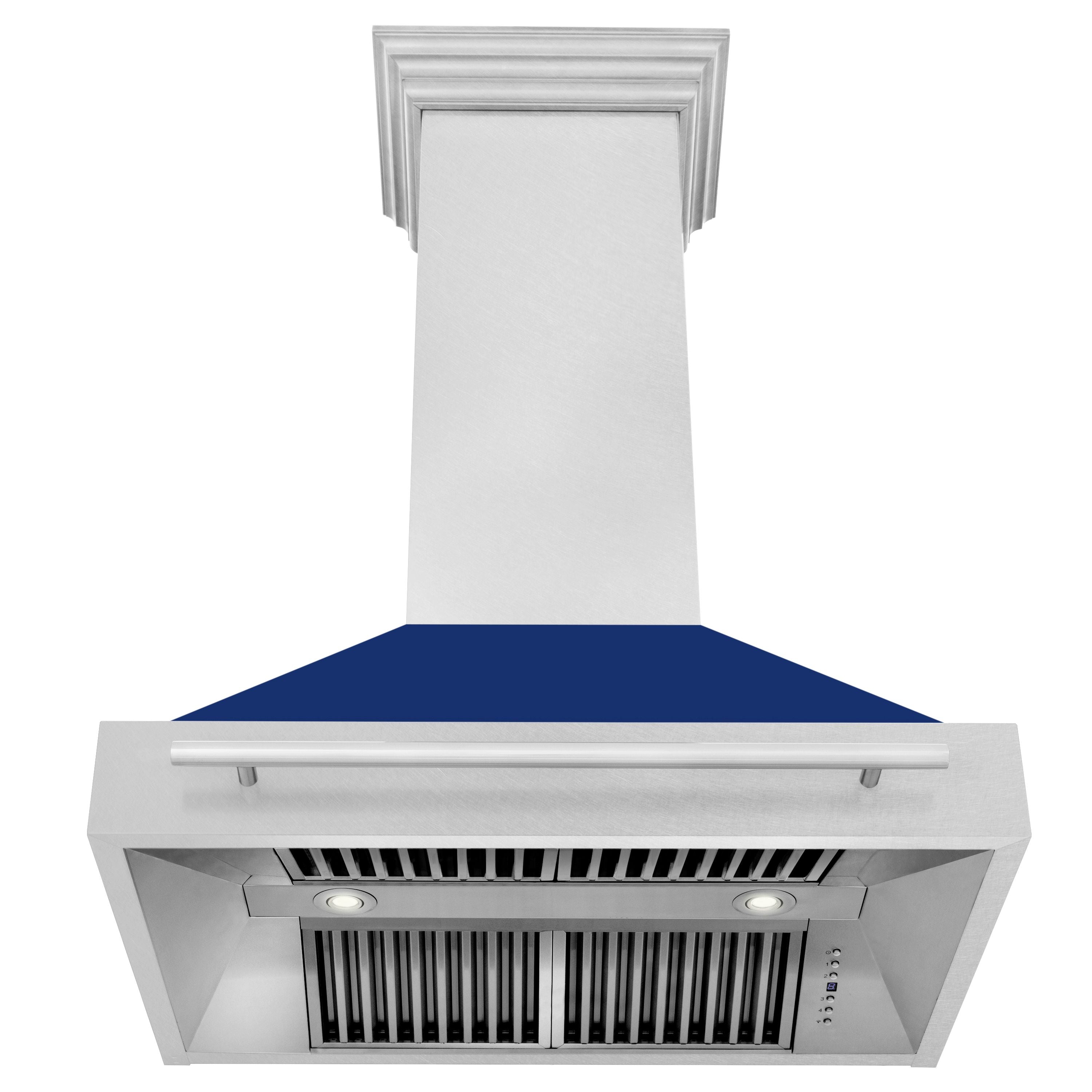 ZLINE 36 in. Wall Mount Range Hood Satin Stainless Steel Blue Gloss Shell 700 CFM 4-Speed Fan LED Lighting (8654SNX-BG-36)