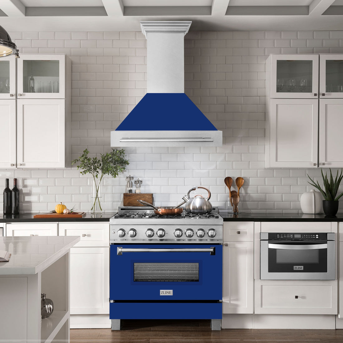 ZLINE 36 in. Wall Mount Range Hood Satin Stainless Steel Blue Gloss Shell 700 CFM 4-Speed Fan LED Lighting (8654SNX-BG-36)