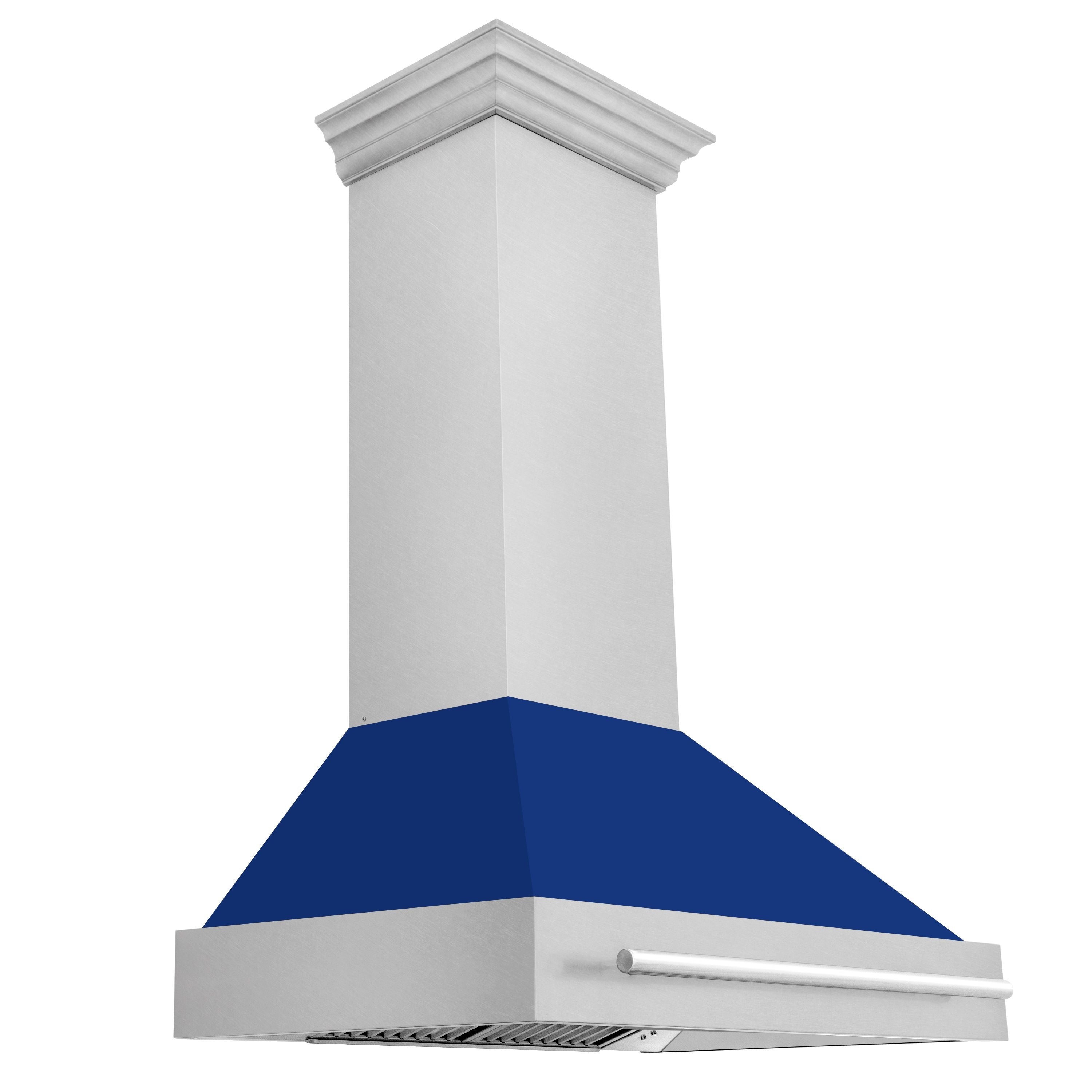 ZLINE 36 in. Wall Mount Range Hood Satin Stainless Steel Blue Gloss Shell 700 CFM 4-Speed Fan LED Lighting (8654SNX-BG-36)