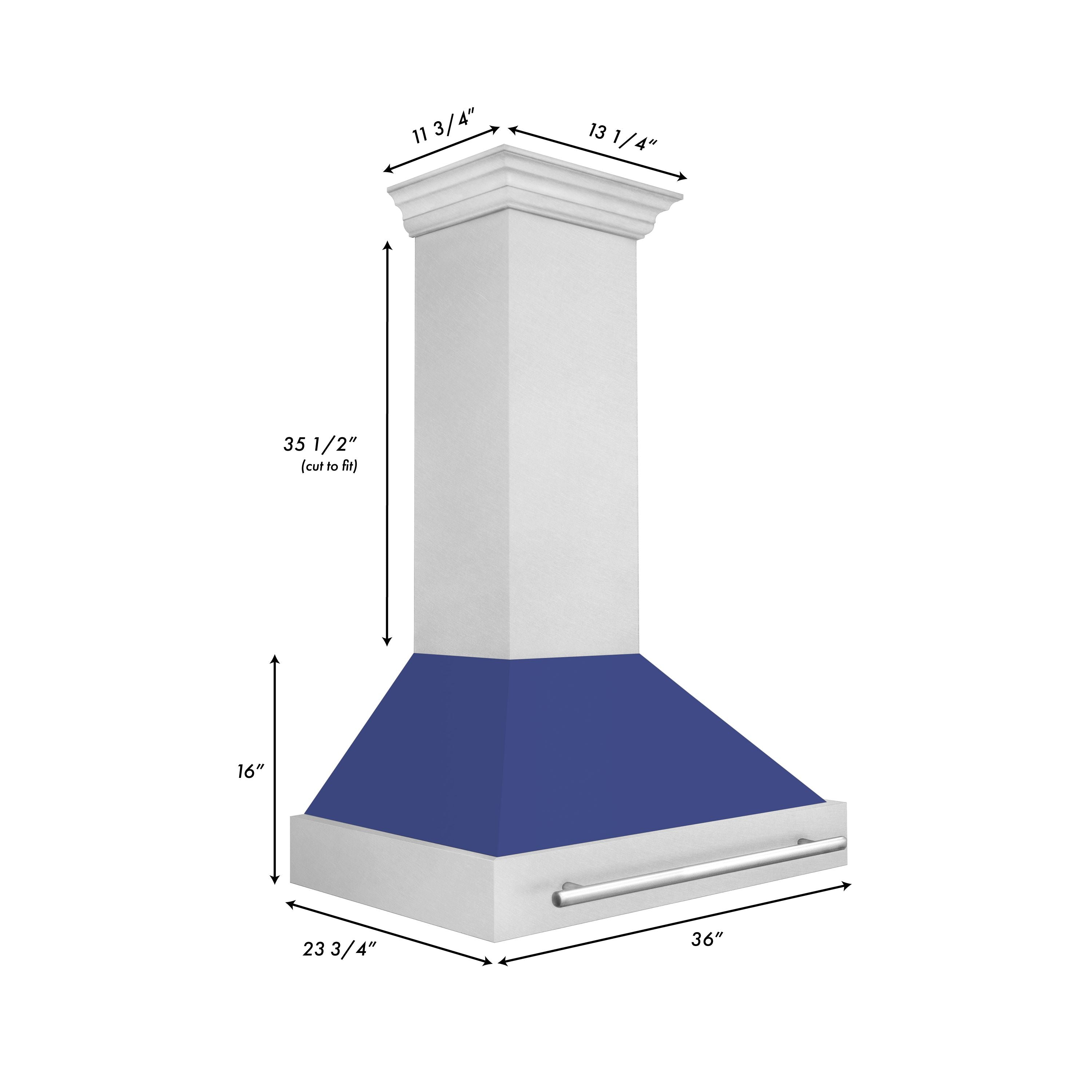 ZLINE 36 Inch Wall Mount Range Hood – Satin Stainless Steel & Blue Matte Shell – 700 CFM – Stainless Steel Handle (8654SNX-BM-36)