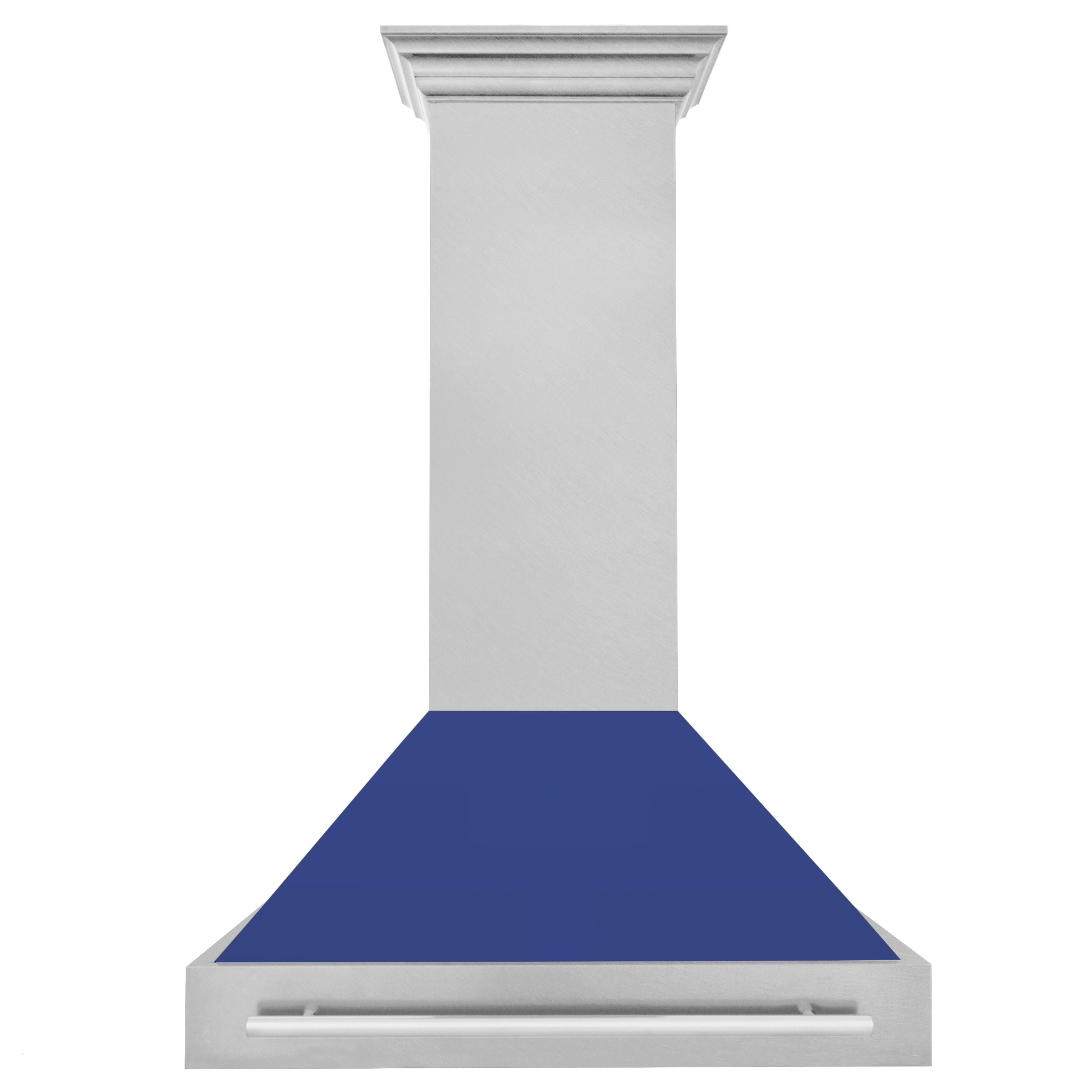 ZLINE 36 Inch Wall Mount Range Hood – Satin Stainless Steel & Blue Matte Shell – 700 CFM – Stainless Steel Handle (8654SNX-BM-36)