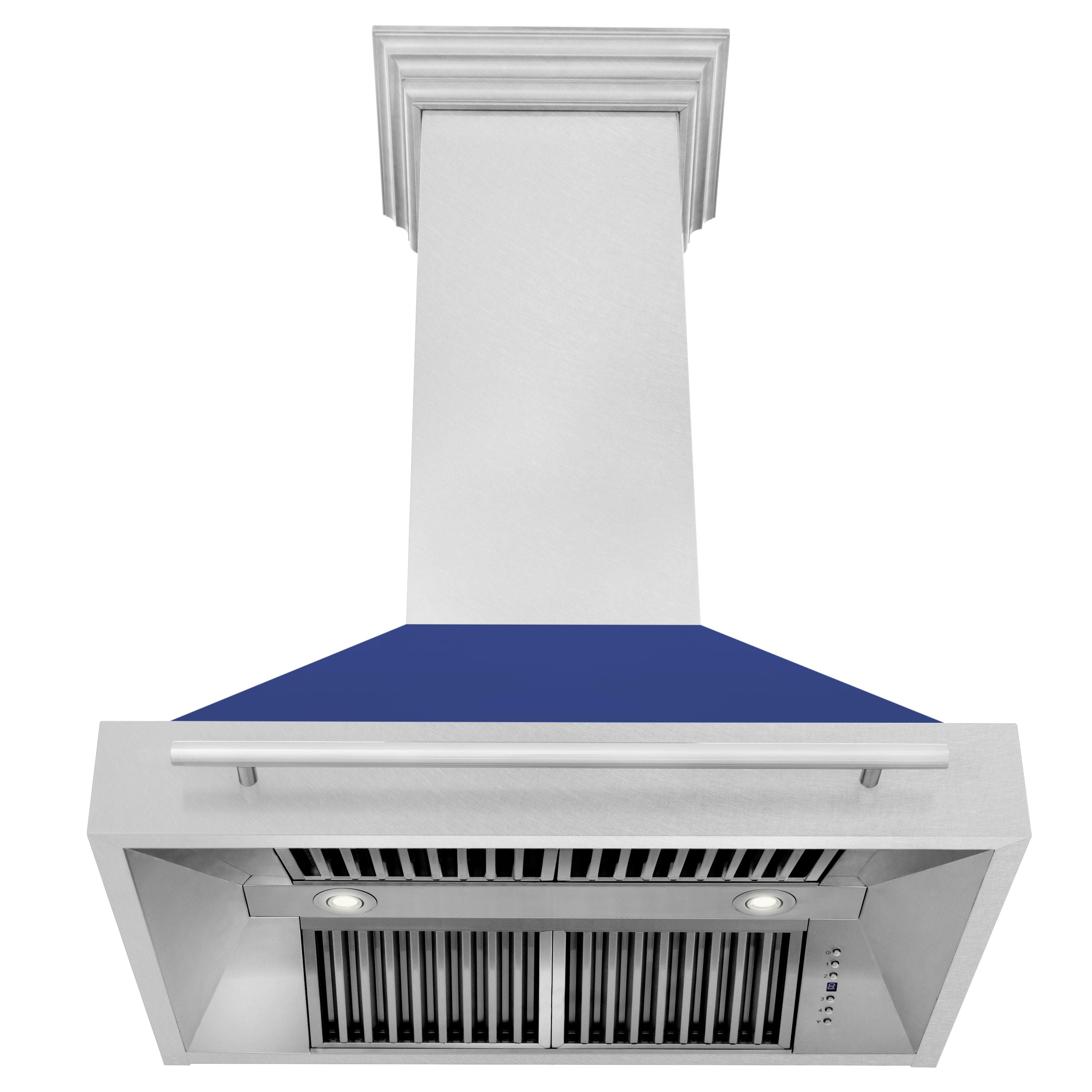 ZLINE 36 Inch Wall Mount Range Hood – Satin Stainless Steel & Blue Matte Shell – 700 CFM – Stainless Steel Handle (8654SNX-BM-36)