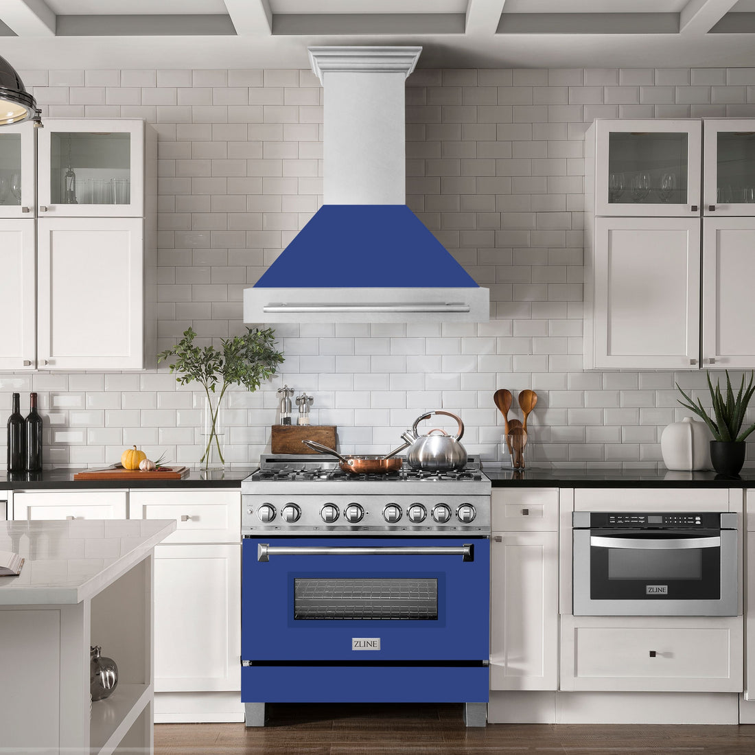 ZLINE 36 Inch Wall Mount Range Hood – Satin Stainless Steel & Blue Matte Shell – 700 CFM – Stainless Steel Handle (8654SNX-BM-36)