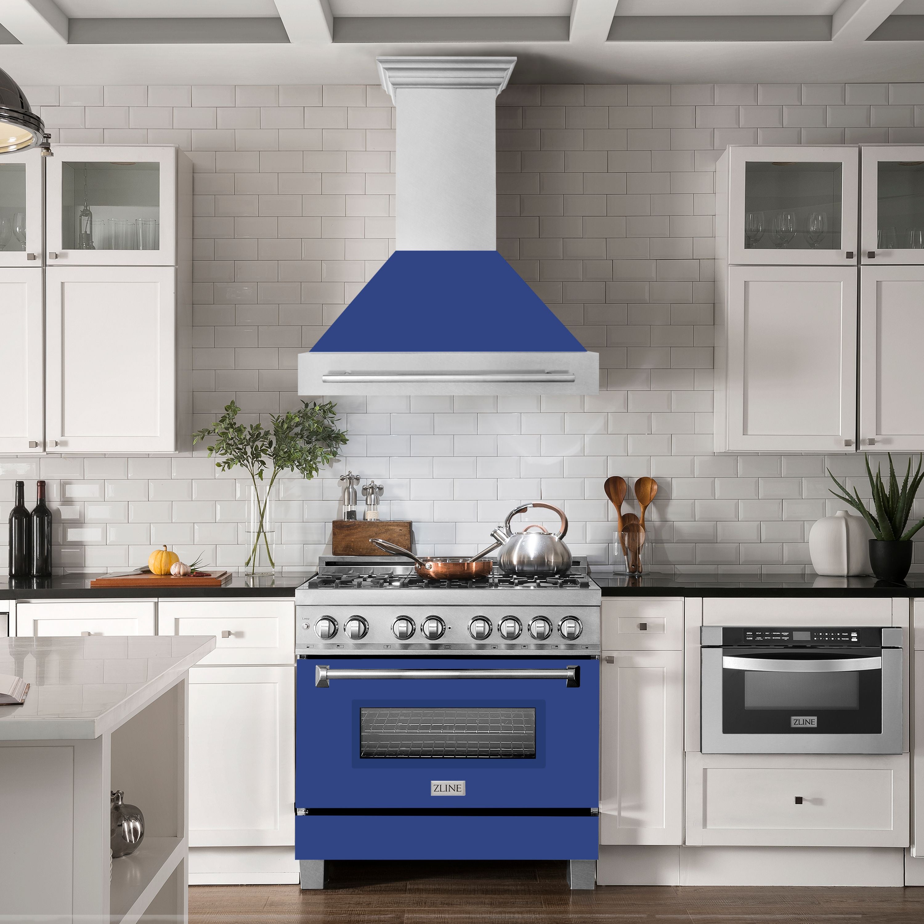 ZLINE 36 Inch Wall Mount Range Hood – Satin Stainless Steel & Blue Matte Shell – 700 CFM – Stainless Steel Handle (8654SNX-BM-36)