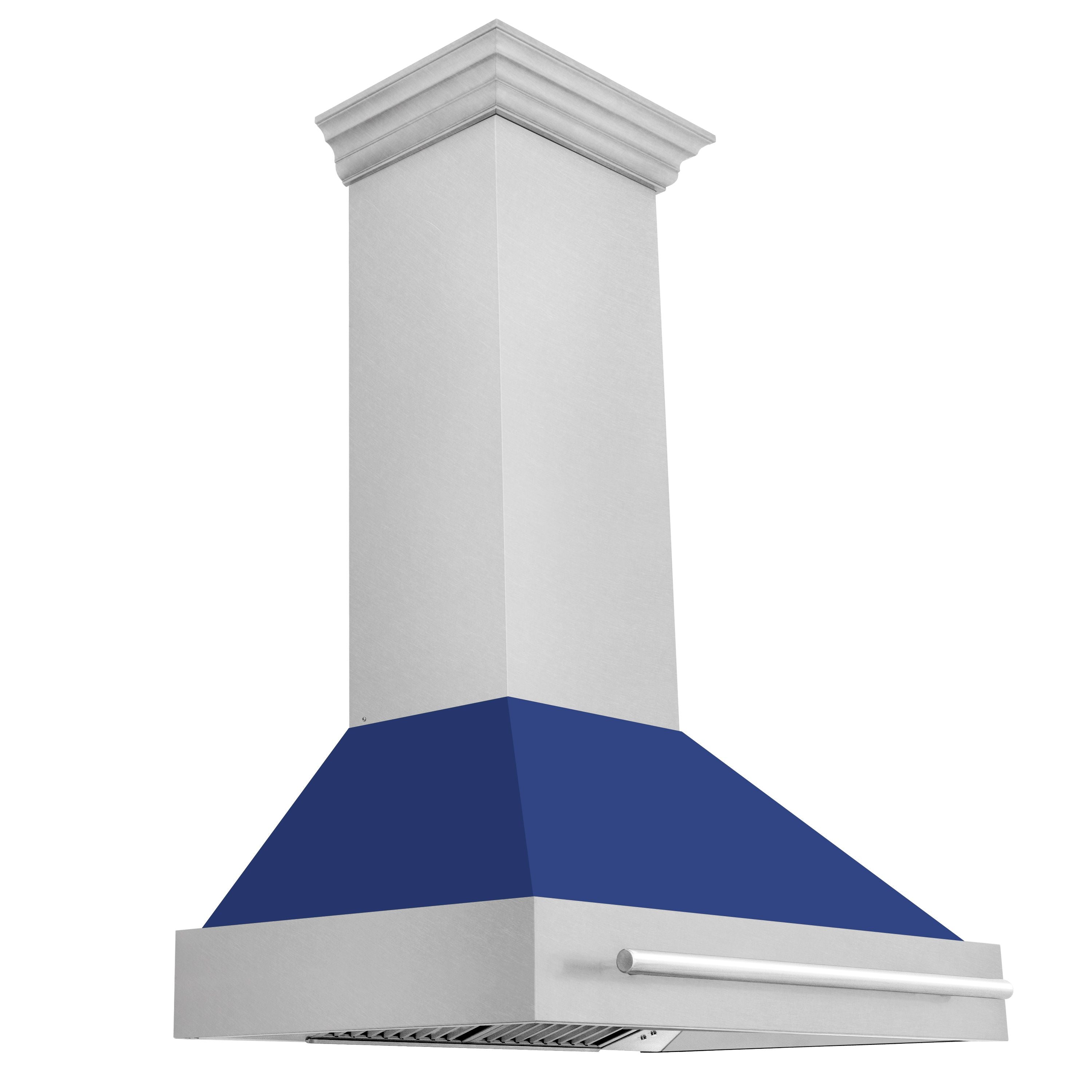 ZLINE 36 Inch Wall Mount Range Hood – Satin Stainless Steel & Blue Matte Shell – 700 CFM – Stainless Steel Handle (8654SNX-BM-36)