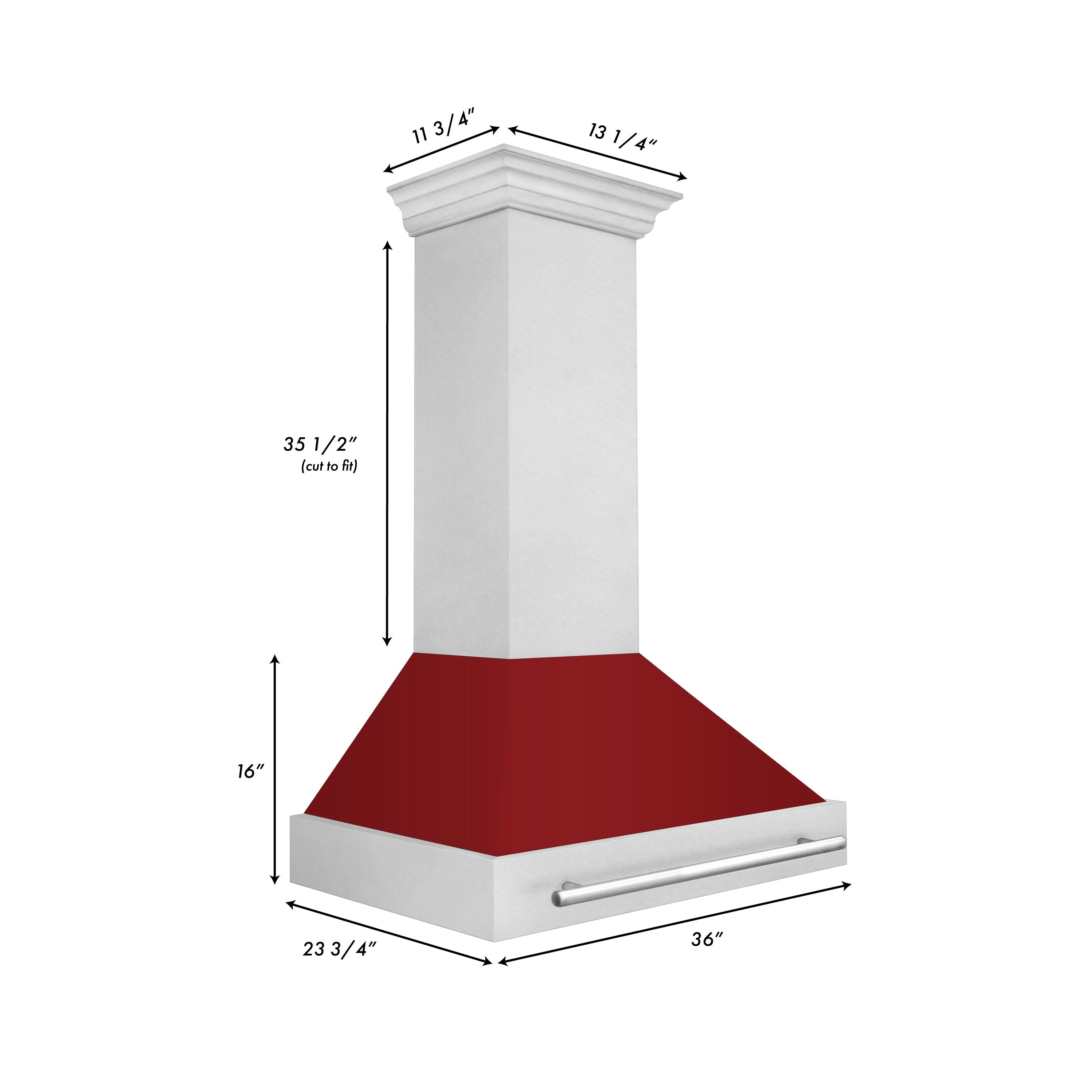 ZLINE 36 in. Wall Mount Range Hood 700 CFM Satin Stainless Steel with Red Gloss Shell Stainless Steel Handle (8654SNX-RG-36)