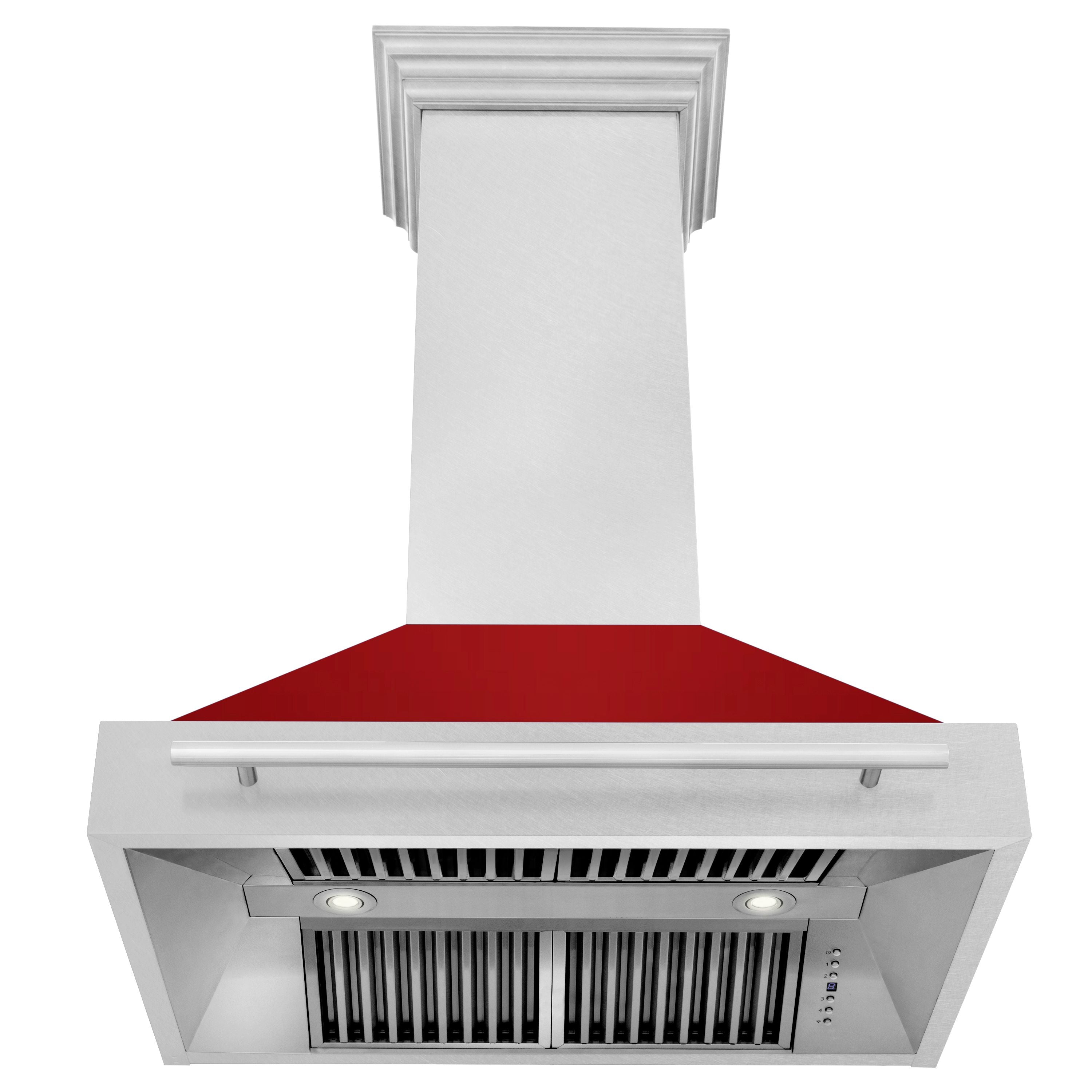 ZLINE 36 in. Wall Mount Range Hood 700 CFM Satin Stainless Steel with Red Gloss Shell Stainless Steel Handle (8654SNX-RG-36)