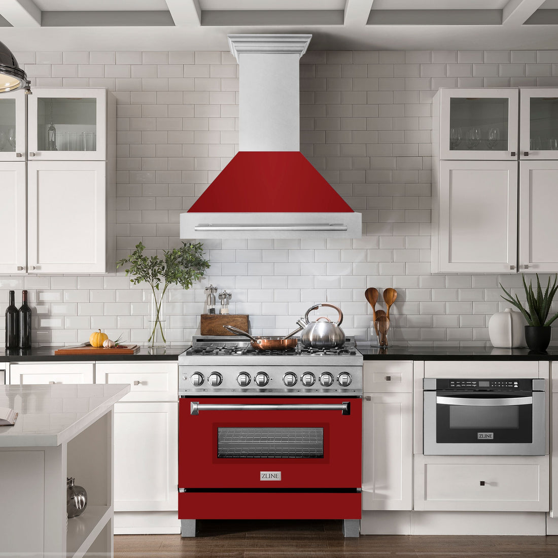 ZLINE 36 in. Wall Mount Range Hood 700 CFM Satin Stainless Steel with Red Gloss Shell Stainless Steel Handle (8654SNX-RG-36)