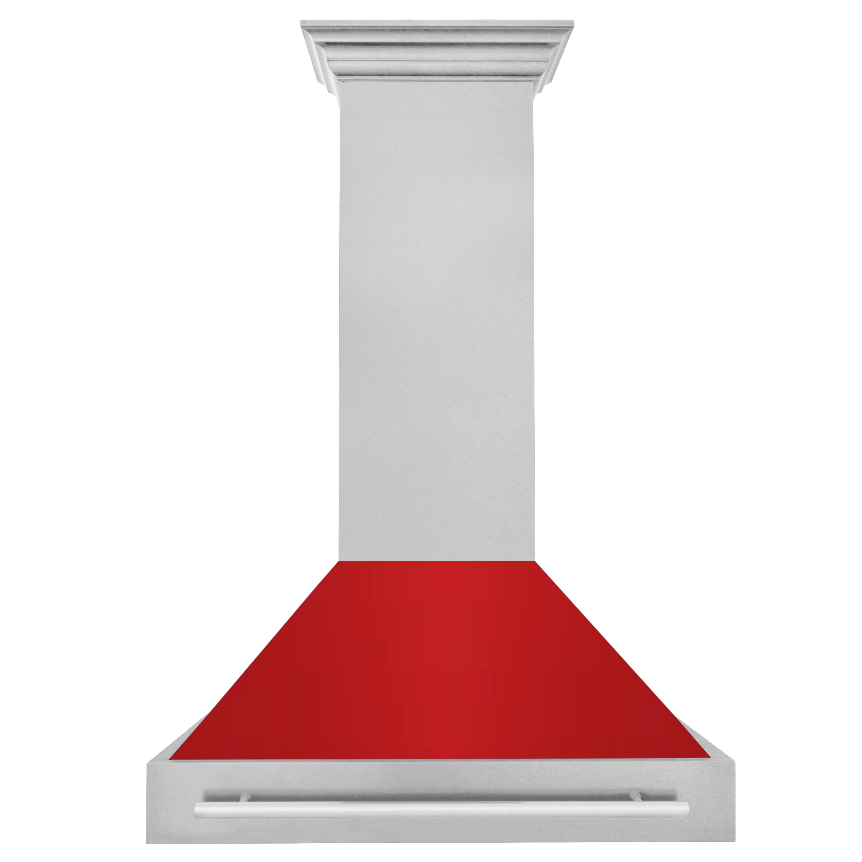 ZLINE 36 in. Wall Mount Range Hood Satin Stainless Steel with Red Matte Shell, 700 CFM, Stainless Steel Handle (8654SNX-RM-36)
