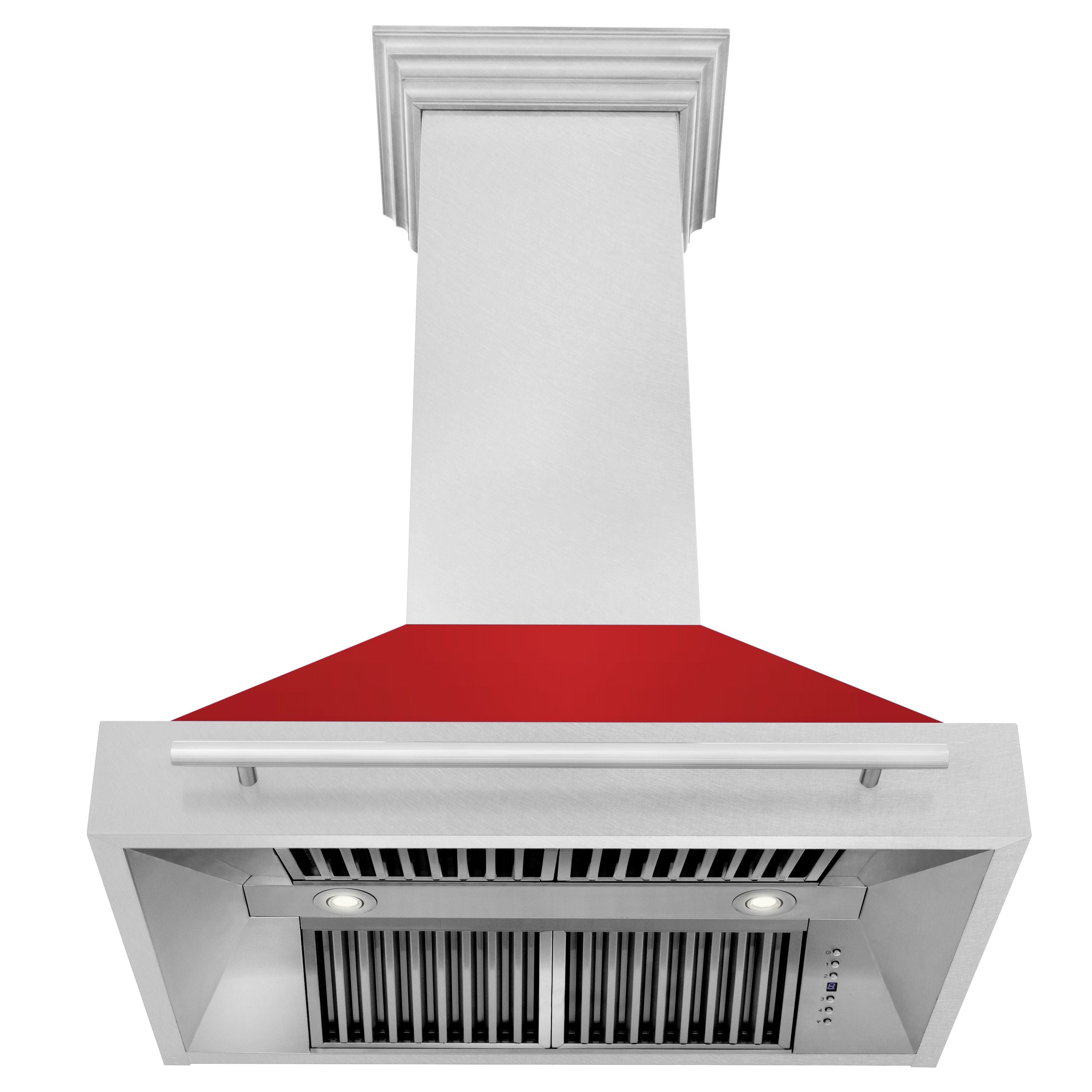 ZLINE 36 in. Wall Mount Range Hood Satin Stainless Steel with Red Matte Shell, 700 CFM, Stainless Steel Handle (8654SNX-RM-36)