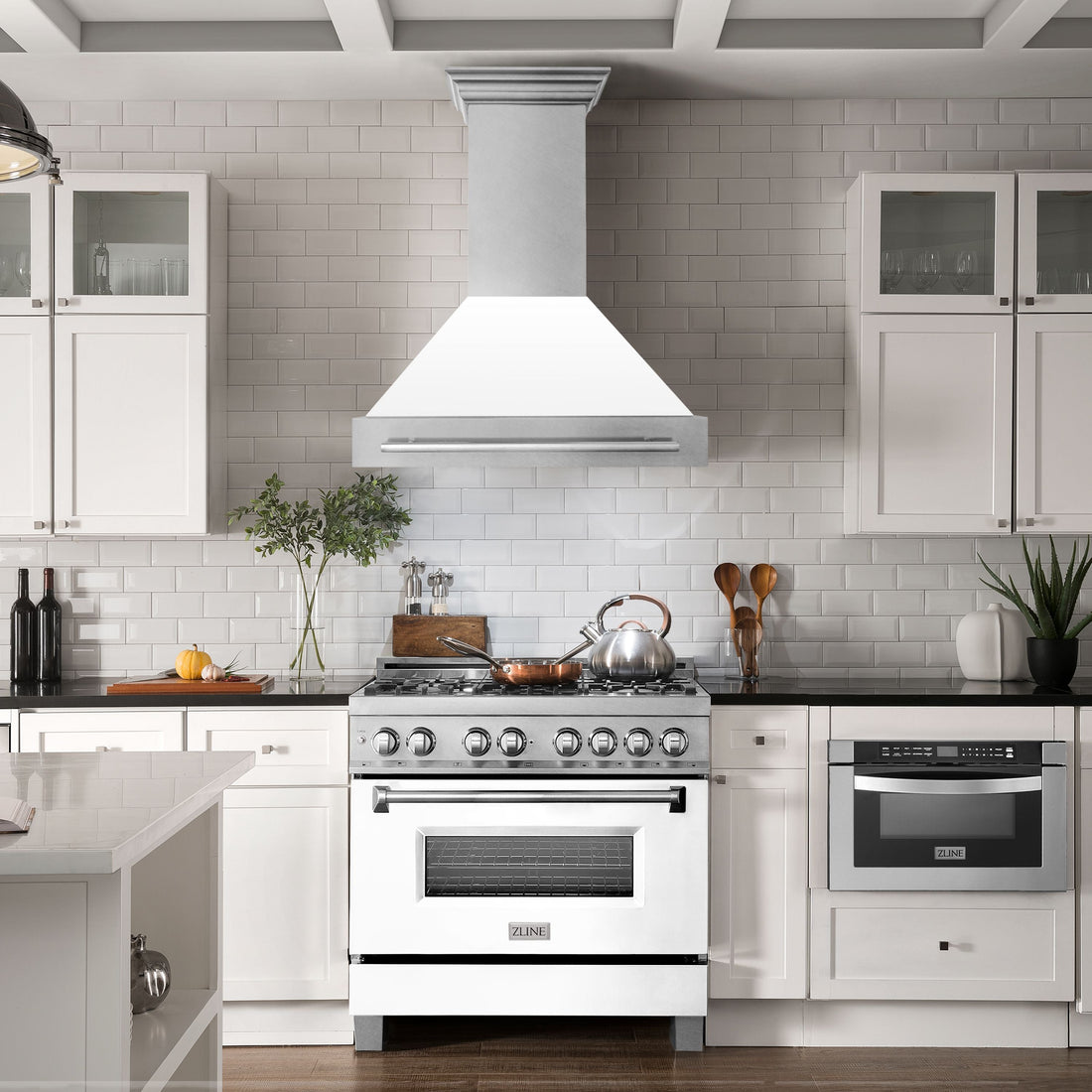 ZLINE 36 Inch Wall Mount Range Hood Satin Stainless Steel White Matte Shell Stainless Steel Handle (8654SNX-WM-36)