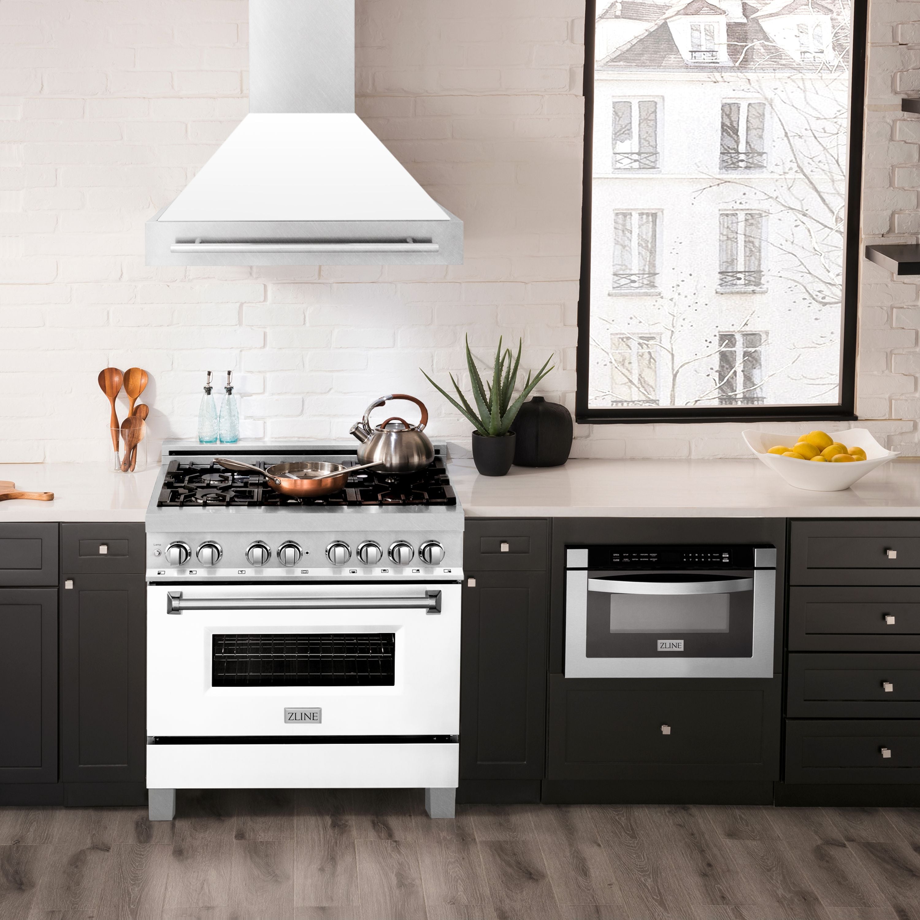 ZLINE 36 Inch Wall Mount Range Hood Satin Stainless Steel White Matte Shell Stainless Steel Handle (8654SNX-WM-36)
