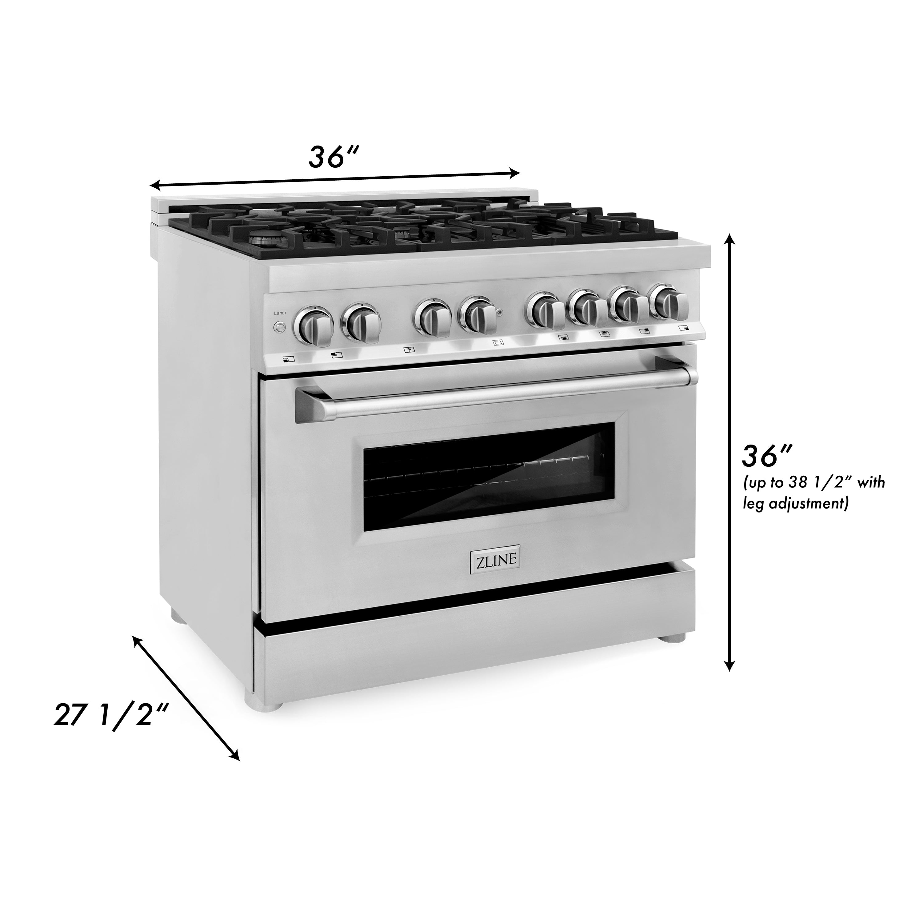 ZLINE Kitchen and Bath 36" Dual Fuel Range, 6 Gas Burners, Electric Convection Oven, Stainless Steel (RA36)