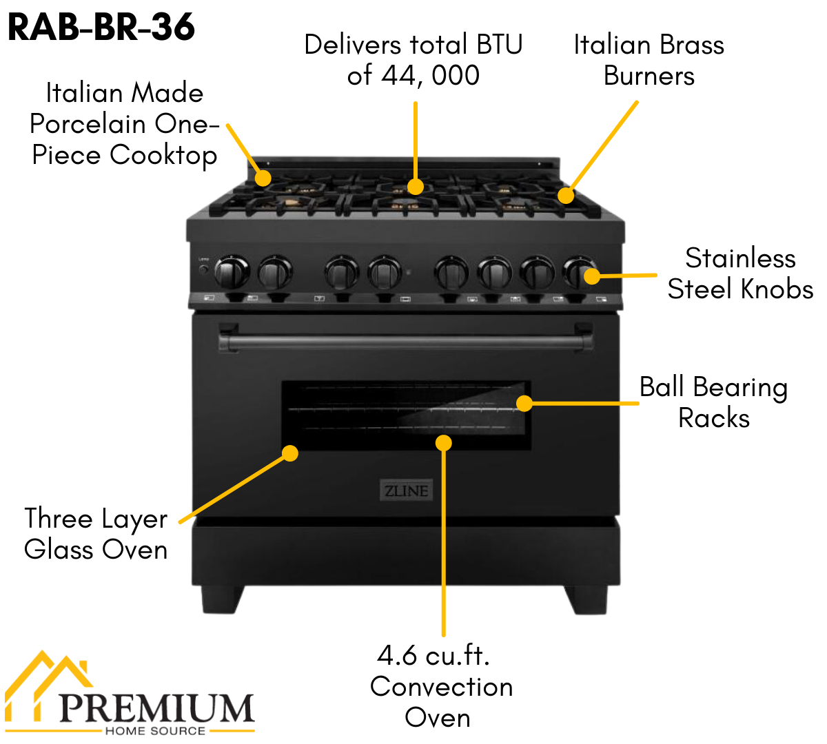 ZLINE Kitchen and Bath Appliance Package - 36 in. Dual Fuel Range, Range Hood, Microwave Drawer, Refrigerator in Black Stainless, 4KPR-RABRH36-MW