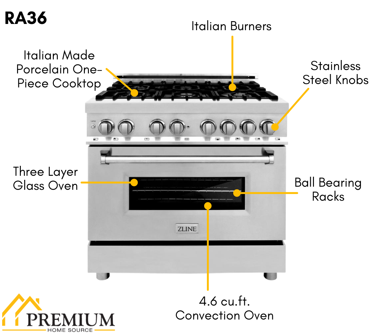 ZLINE Kitchen and Bath Appliance Package - 36 in. Dual Fuel Range, 36 in. Range Hood, 2KP-RARH36