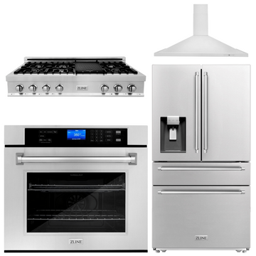 ZLINE Appliance Package - 48 In. Rangetop, Range Hood, Refrigerator with Water and Ice Dispenser and Wall Oven in Stainless Steel, 4KPRW-RTRH48-AWS