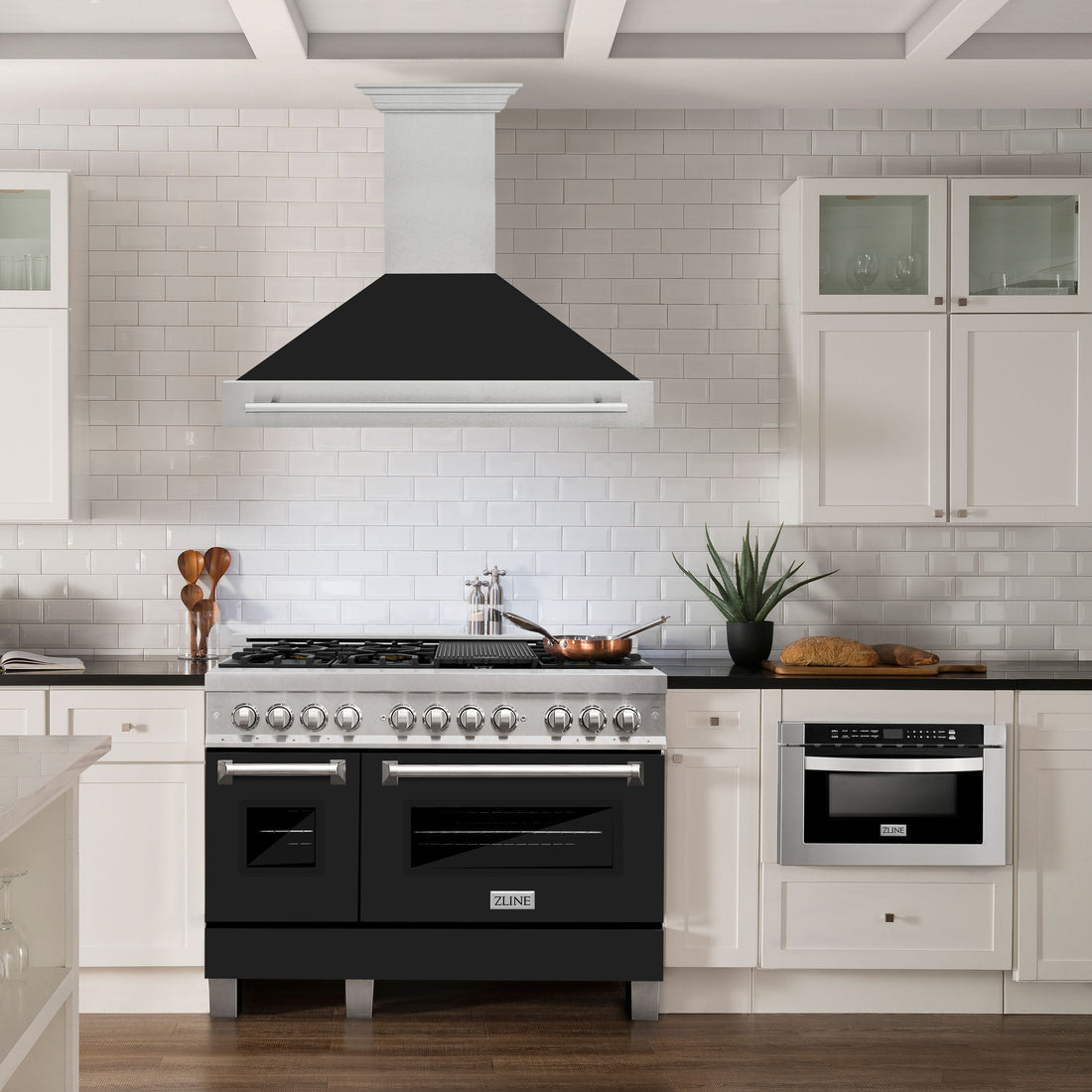 ZLINE 48 in Wall Mount Range Hood 700 CFM Satin Stainless Steel Black Matte Shell Stainless Steel Handle (8654SNX-BLM-48)