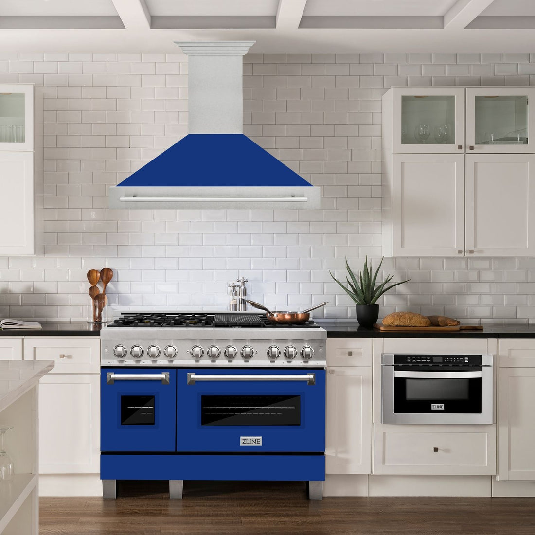 ZLINE 48 in Wall Mount Range Hood 700 CFM Satin Stainless Steel Blue Gloss Shell Stainless Steel Handle (8654SNX-BG-48)