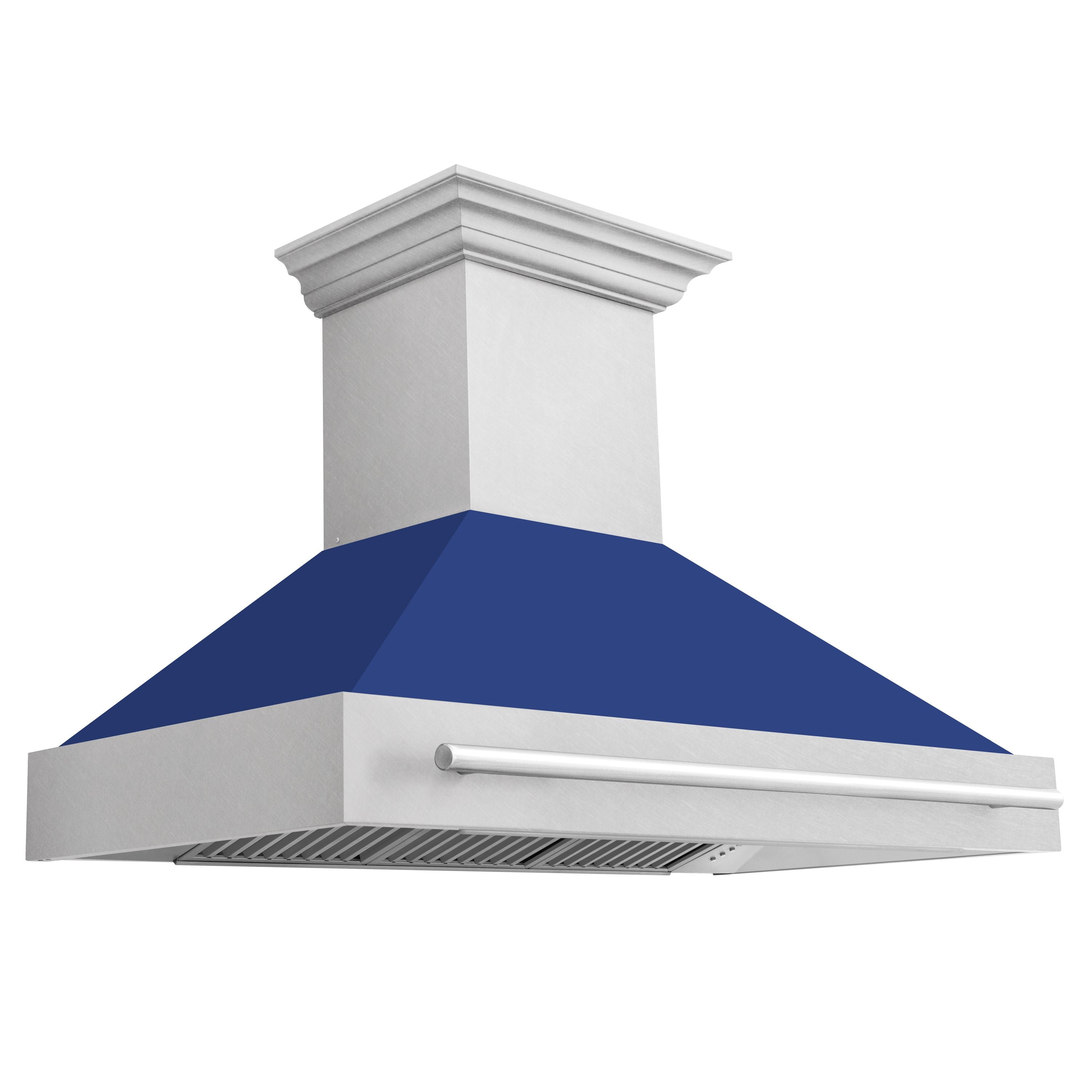 ZLINE 48 in. Wall Mount Range Hood Satin Stainless Steel Blue Matte Shell 4-Speed Ventilation LED Lighting (8654SNX-BM-48)