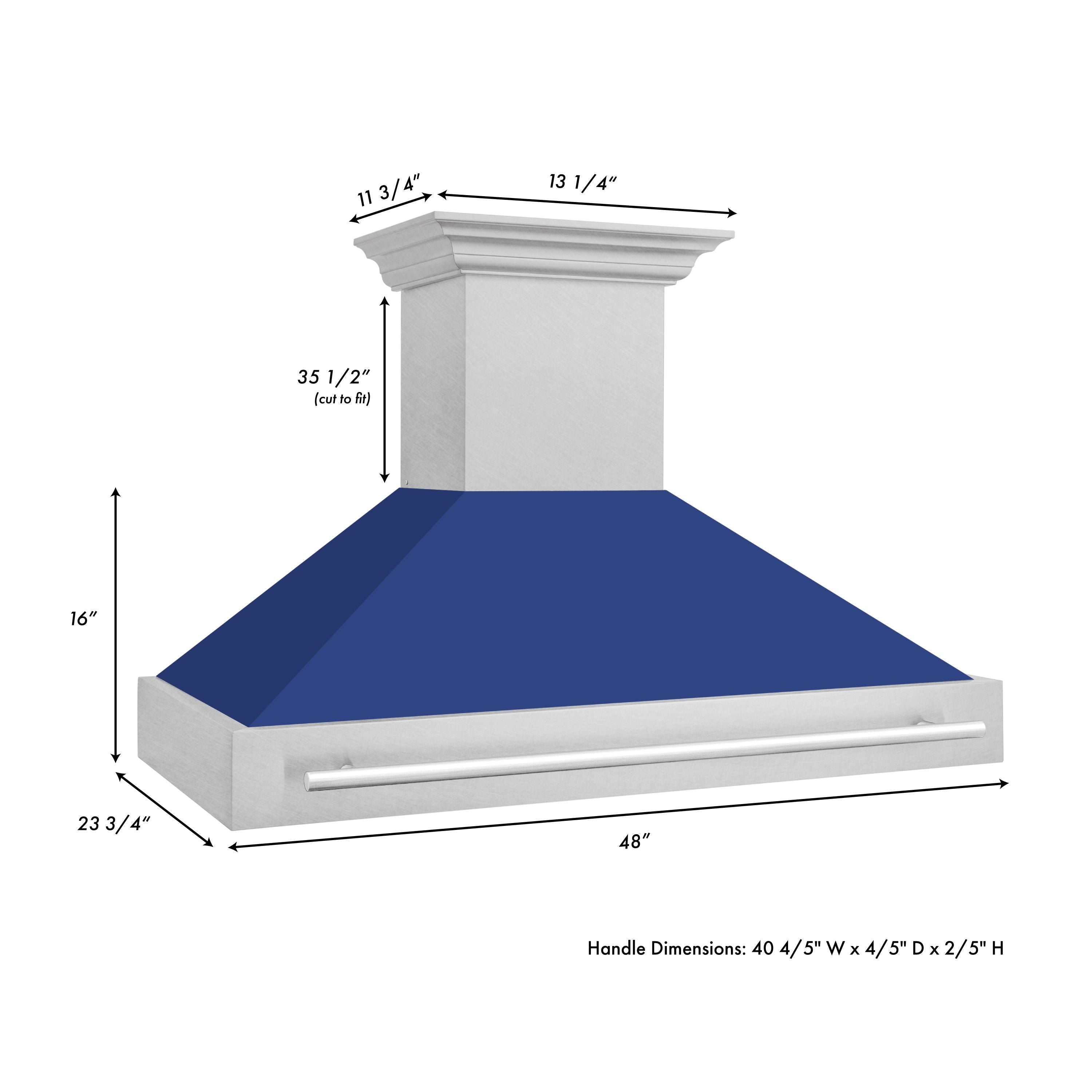 ZLINE 48 in. Wall Mount Range Hood Satin Stainless Steel Blue Matte Shell 4-Speed Ventilation LED Lighting (8654SNX-BM-48)