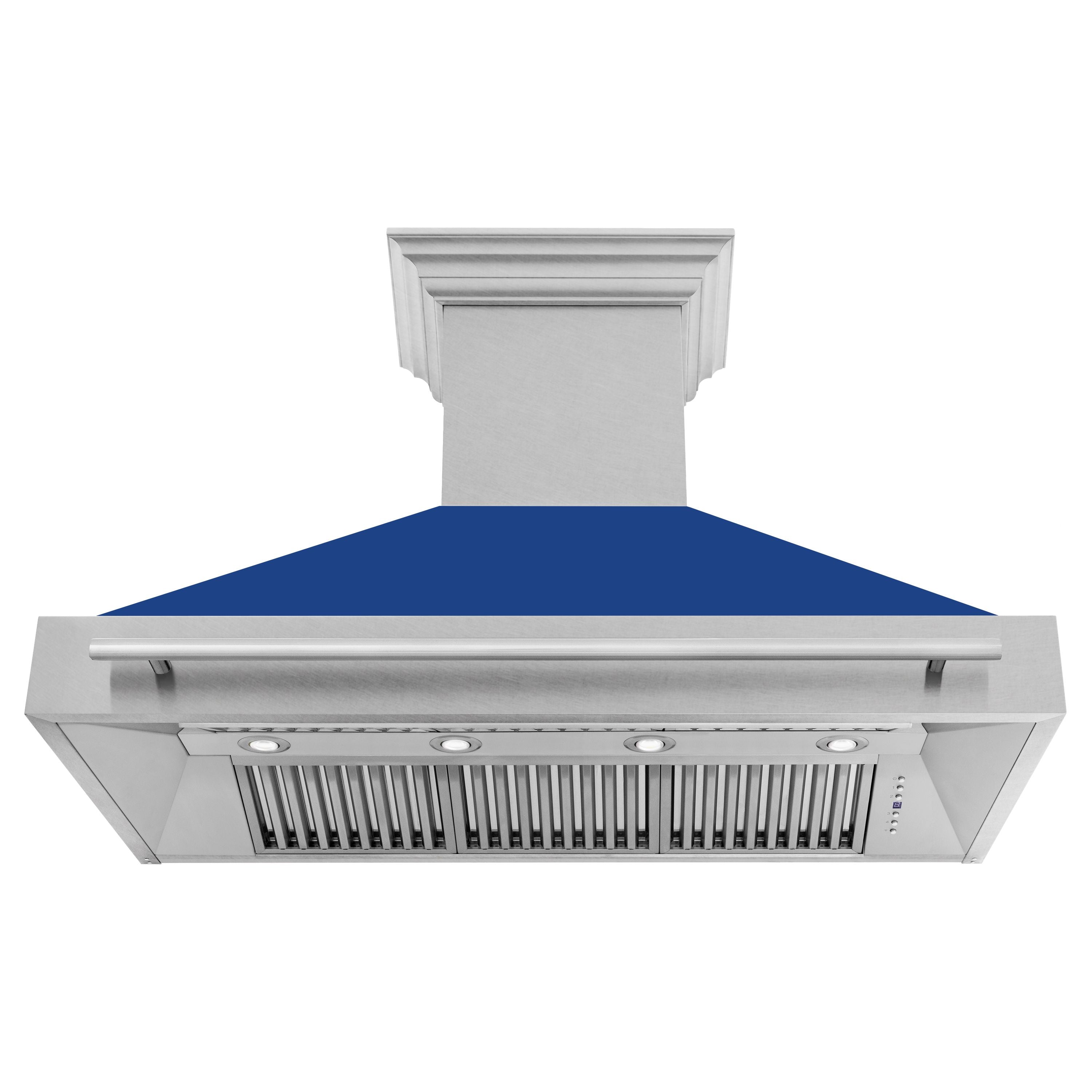ZLINE 48 in. Wall Mount Range Hood Satin Stainless Steel Blue Matte Shell 4-Speed Ventilation LED Lighting (8654SNX-BM-48)