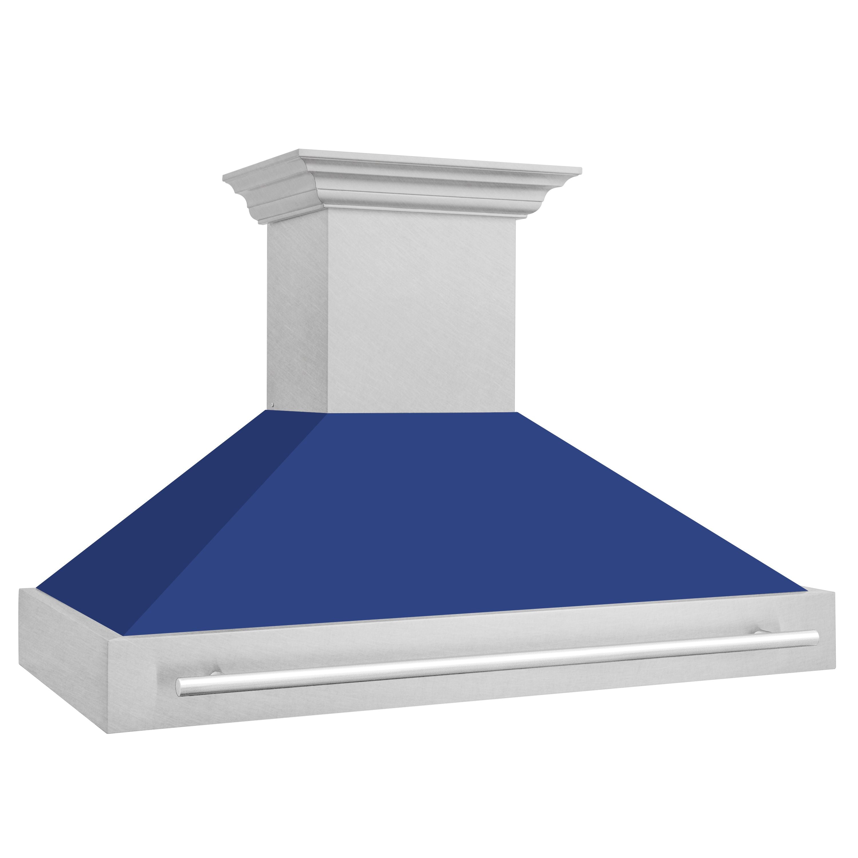 ZLINE 48 in. Wall Mount Range Hood Satin Stainless Steel Blue Matte Shell 4-Speed Ventilation LED Lighting (8654SNX-BM-48)
