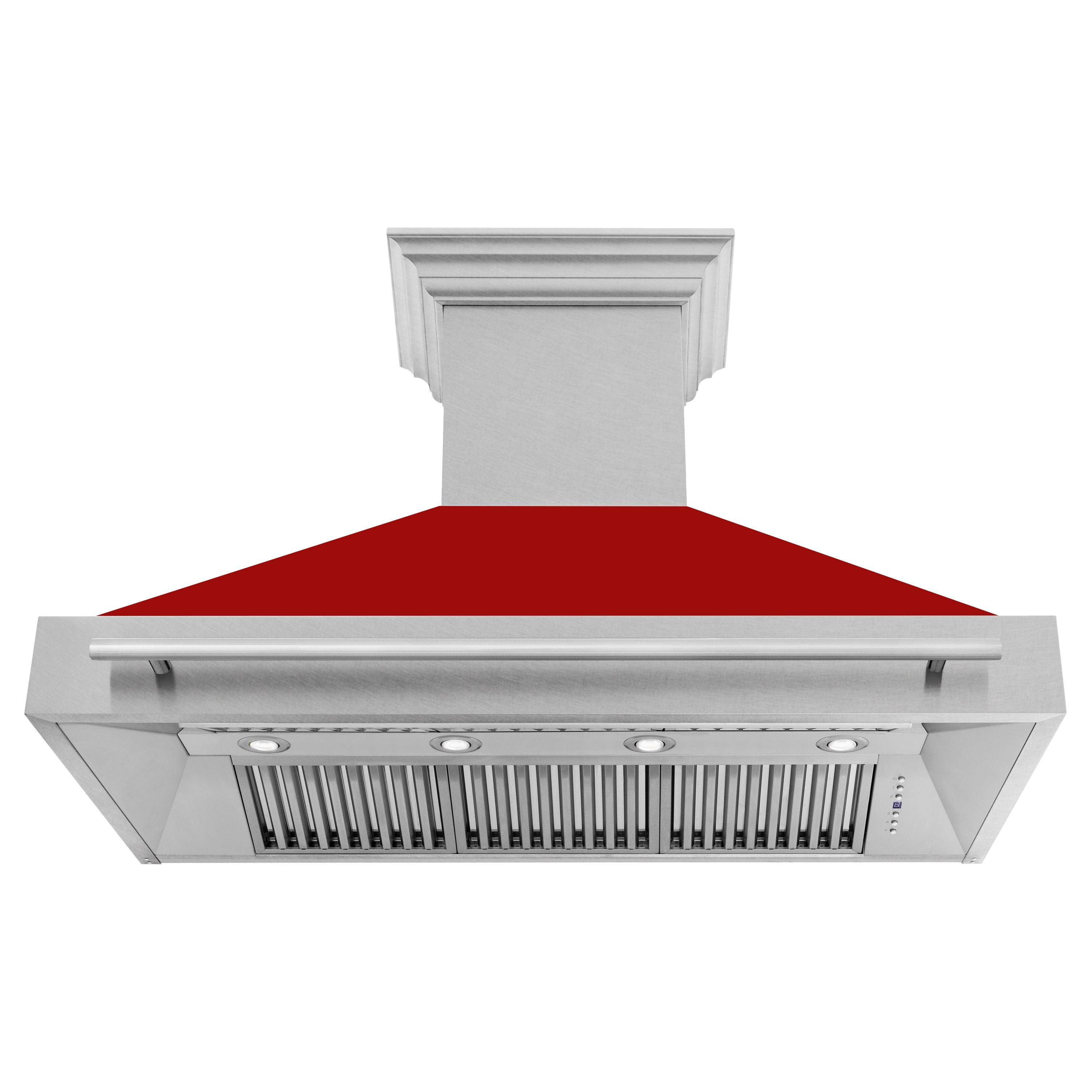 ZLINE 48 in. Wall Mount Range Hood Satin Stainless Steel Red Gloss Shell 700 CFM 4-Speed Fan Stainless Steel Handle (8654SNX-RG-48)