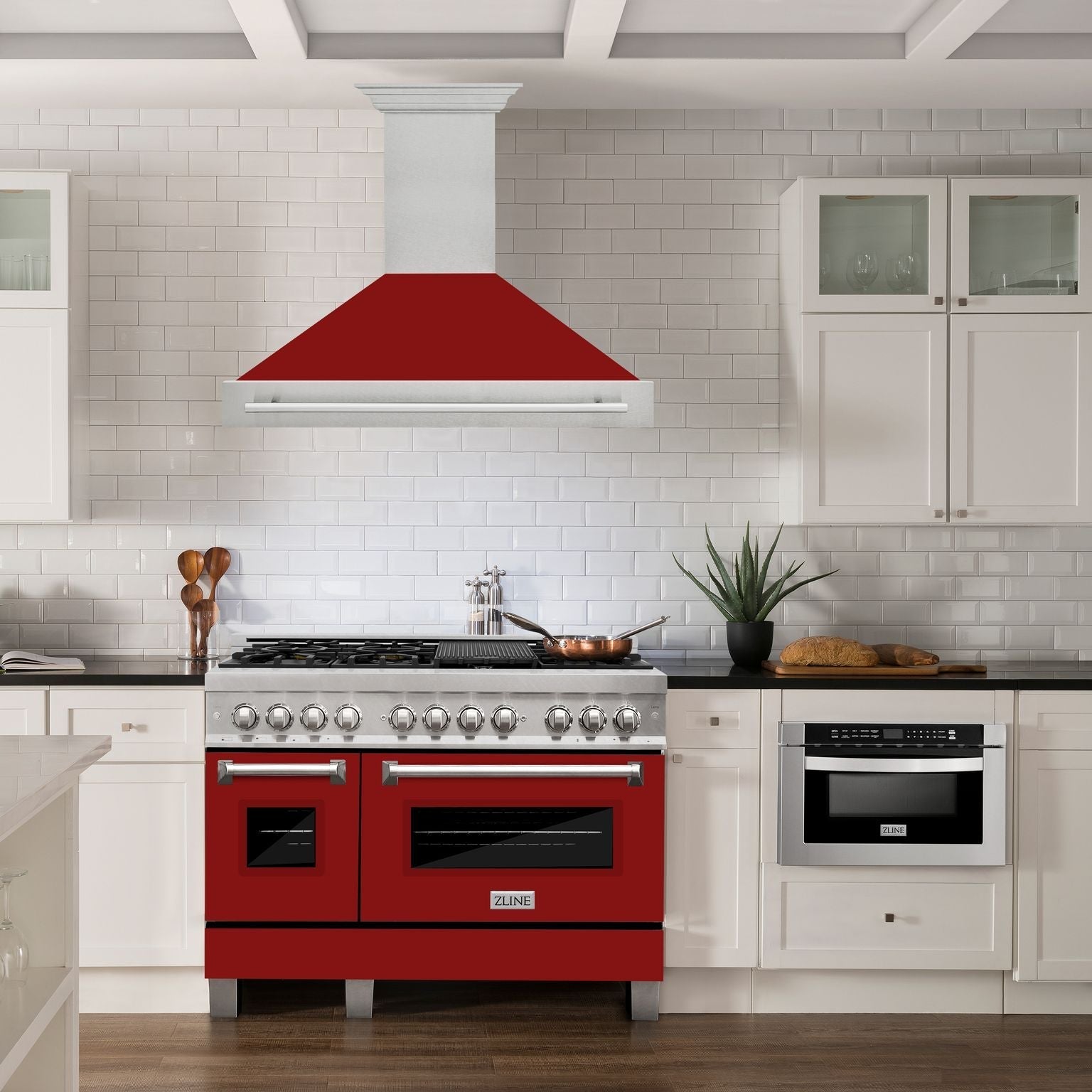ZLINE 48 in. Wall Mount Range Hood Satin Stainless Steel Red Gloss Shell 700 CFM 4-Speed Fan Stainless Steel Handle (8654SNX-RG-48)