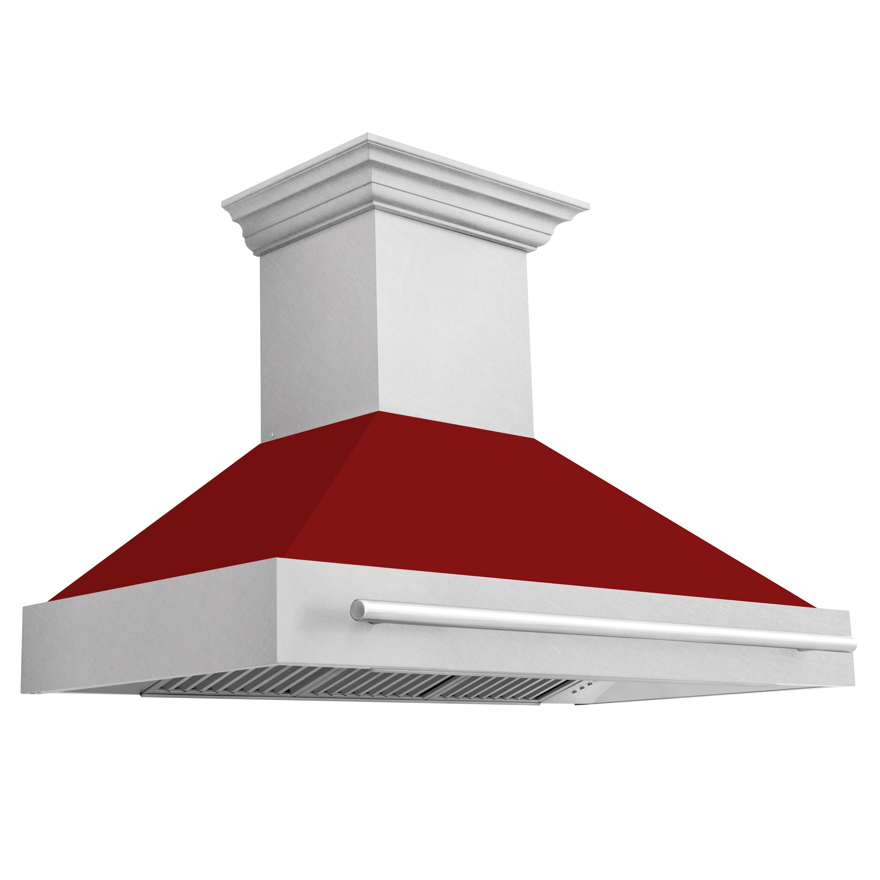 ZLINE 48 in. Wall Mount Range Hood Satin Stainless Steel Red Gloss Shell 700 CFM 4-Speed Fan Stainless Steel Handle (8654SNX-RG-48)