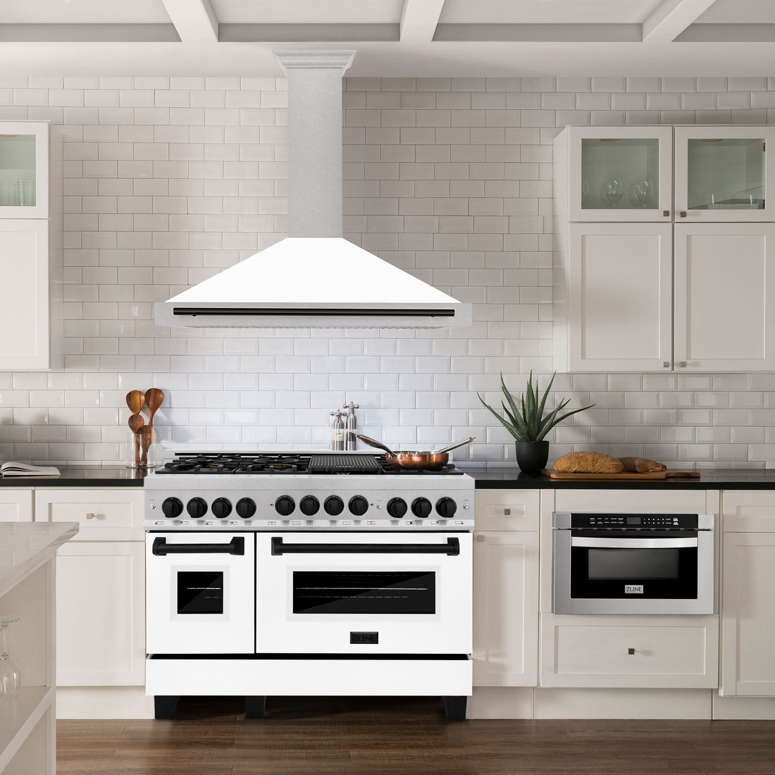 ZLINE 48 in. Wall Mount Range Hood Convertible Satin Stainless Steel White Matte Matte Black Handle (KB4SNZ-WM48-MB)