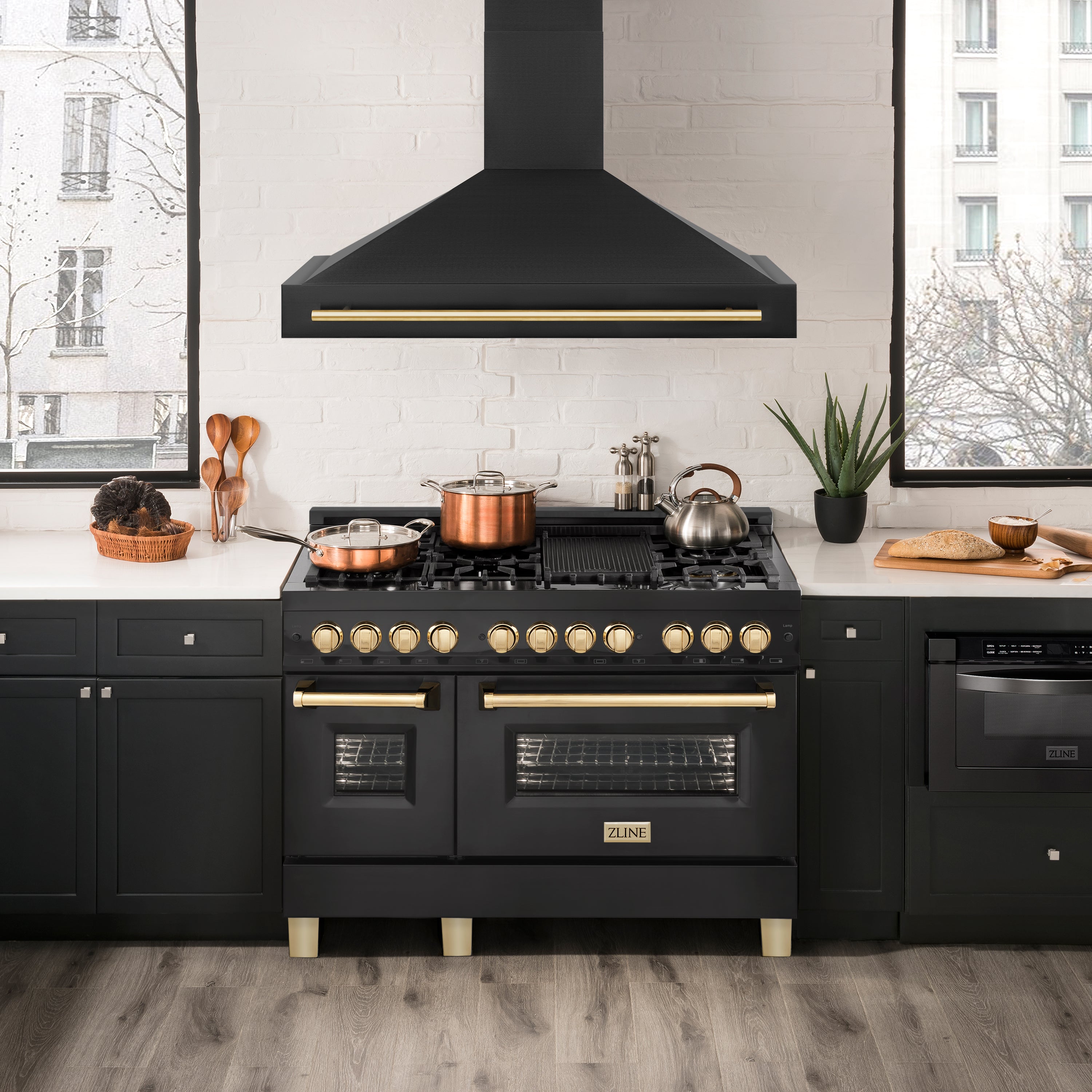 ZLINE 48 in. Wall Mount Range Hood Black Stainless Steel Gold Handle 400 CFM (BS655Z-48-G)