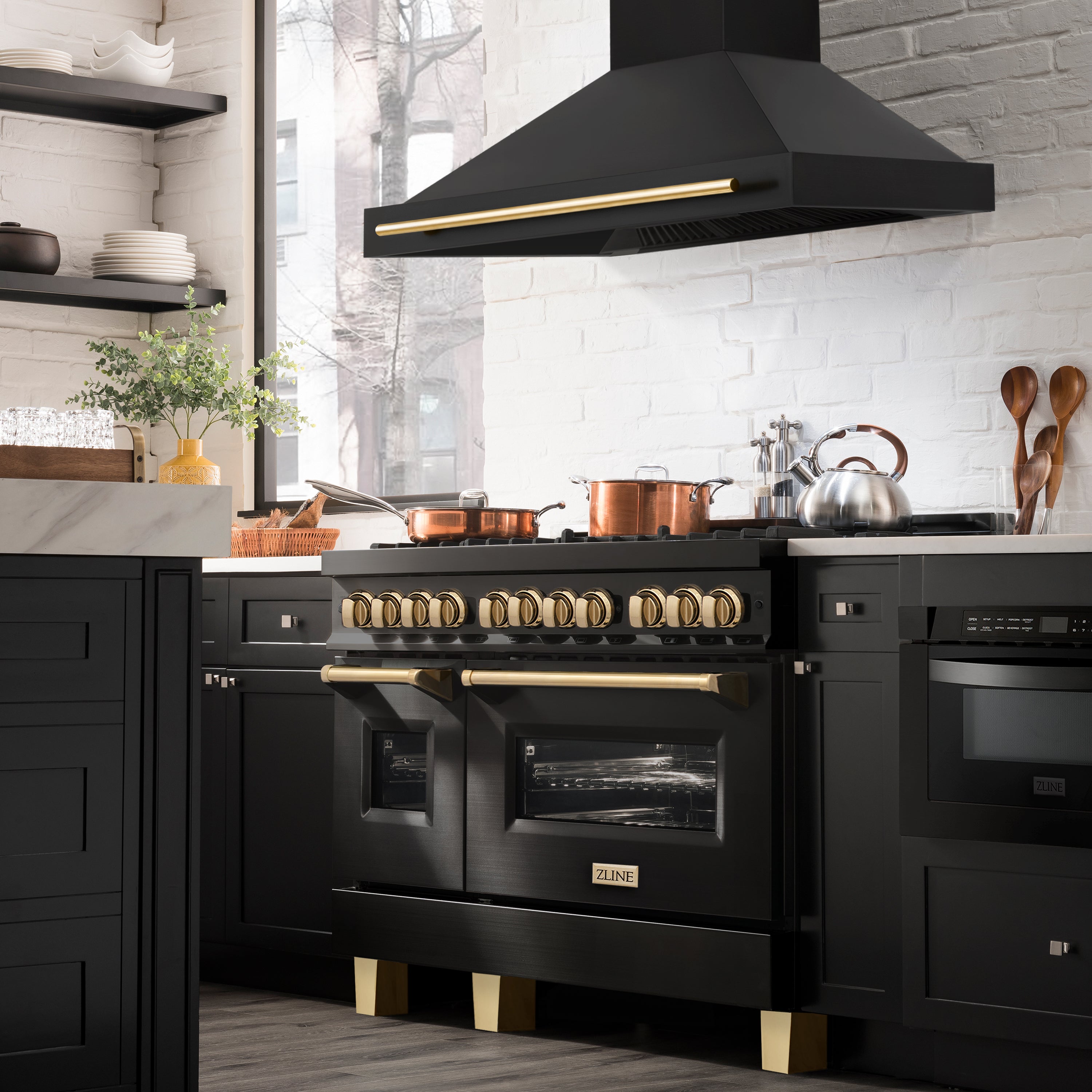 ZLINE 48 in. Wall Mount Range Hood Black Stainless Steel Gold Handle 400 CFM (BS655Z-48-G)